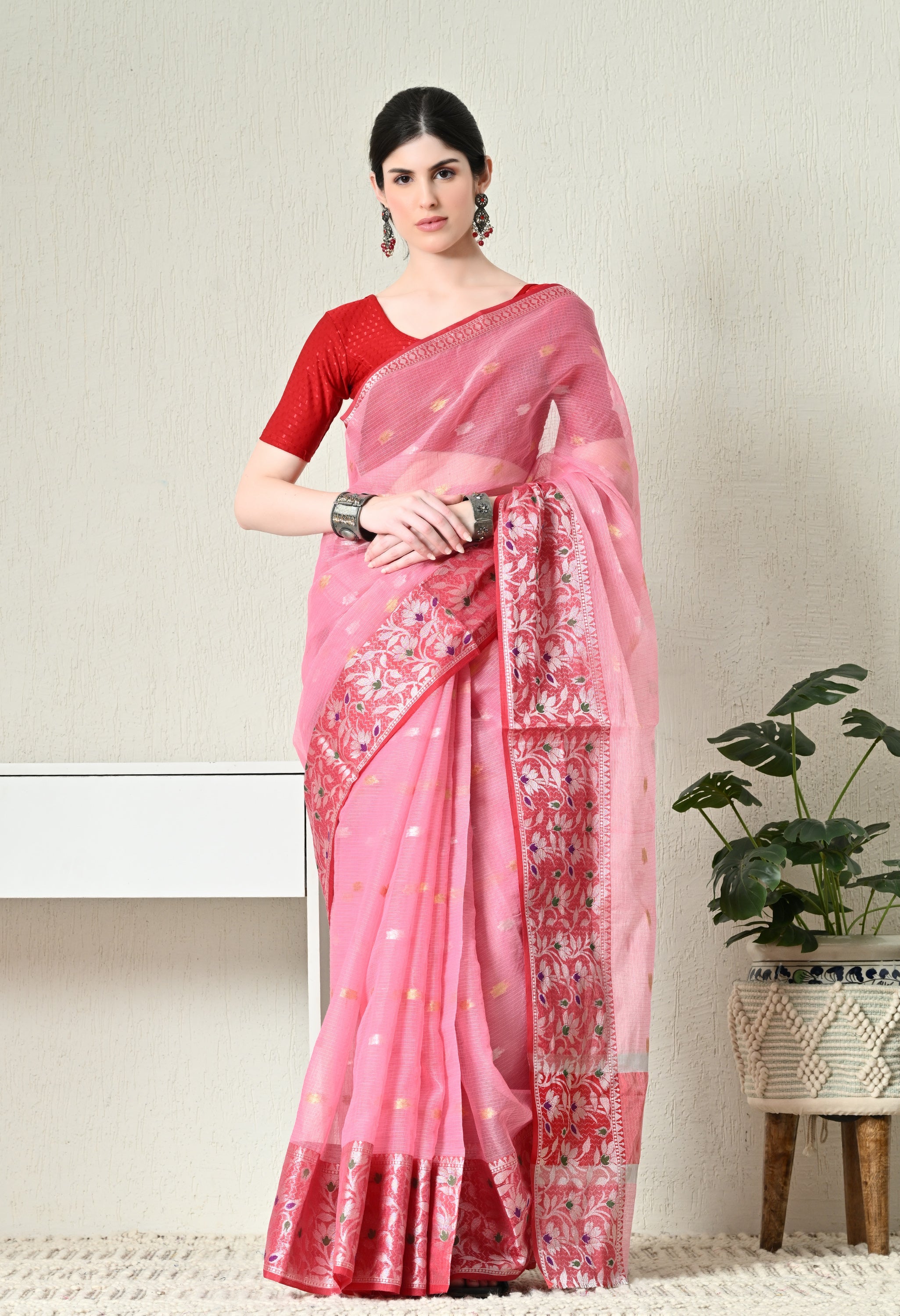Pink Kota Doria Saree With Red Border