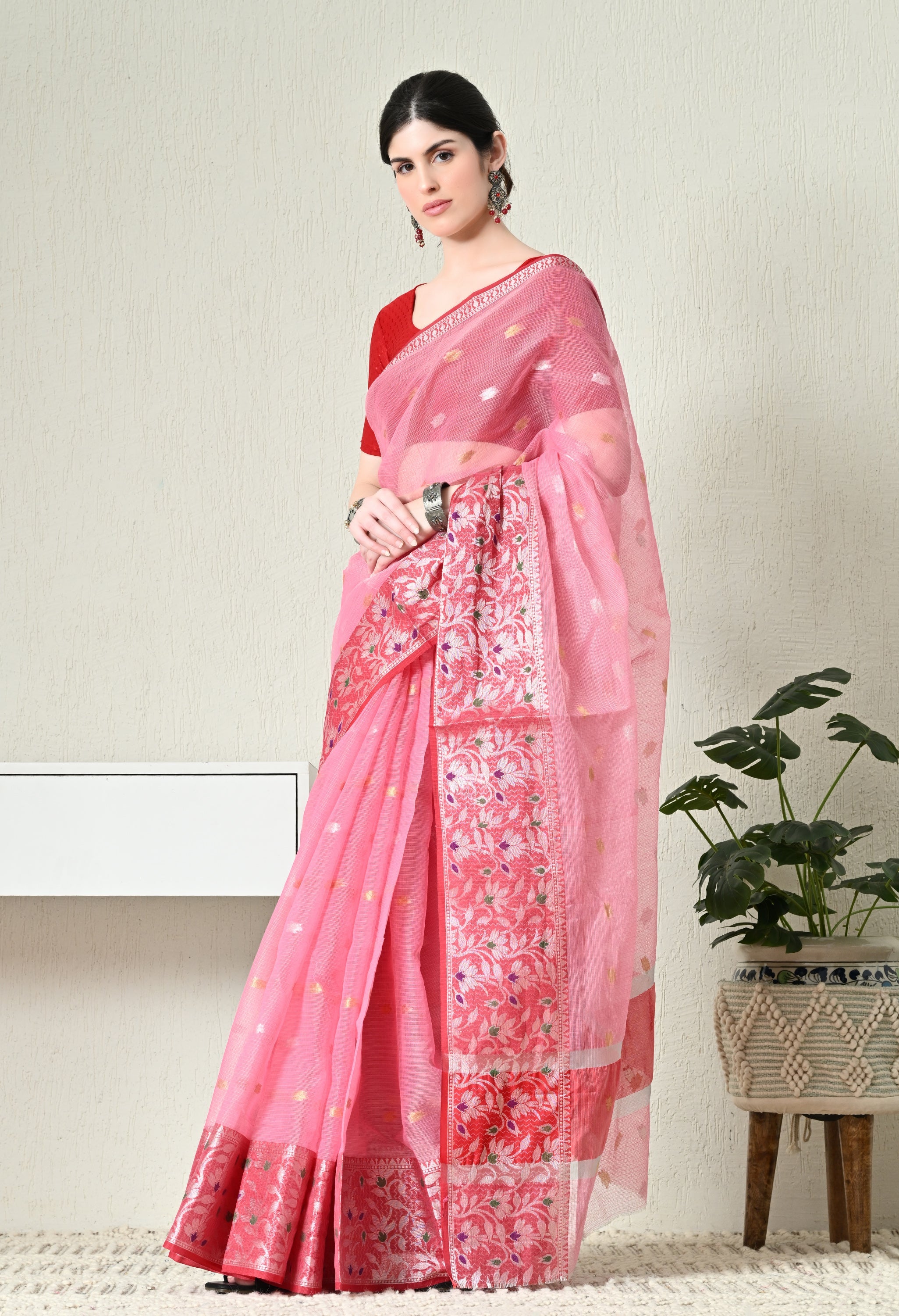 Pink Kota Doria Saree With Red Border