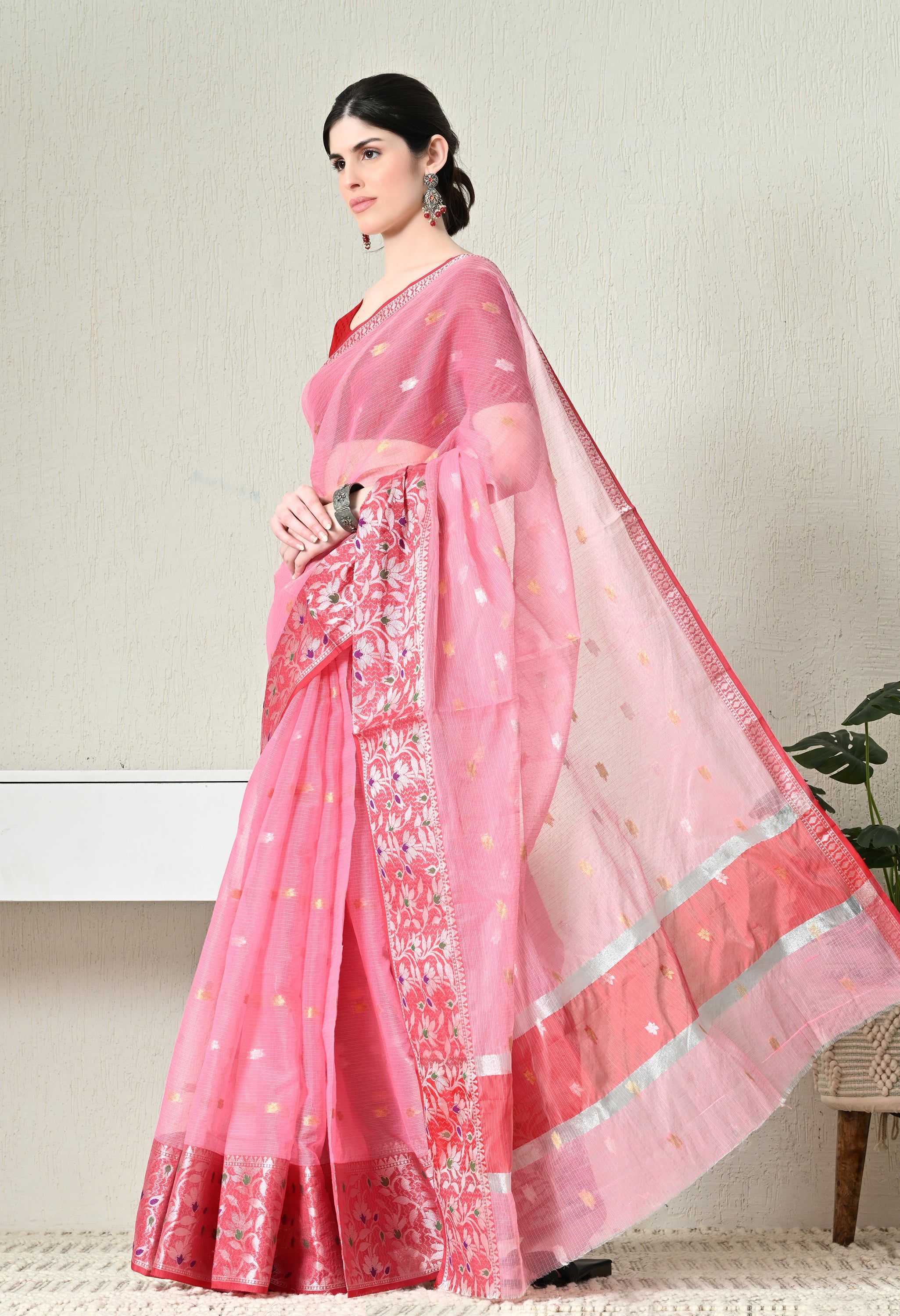 Pink Kota Doria Saree With Red Border
