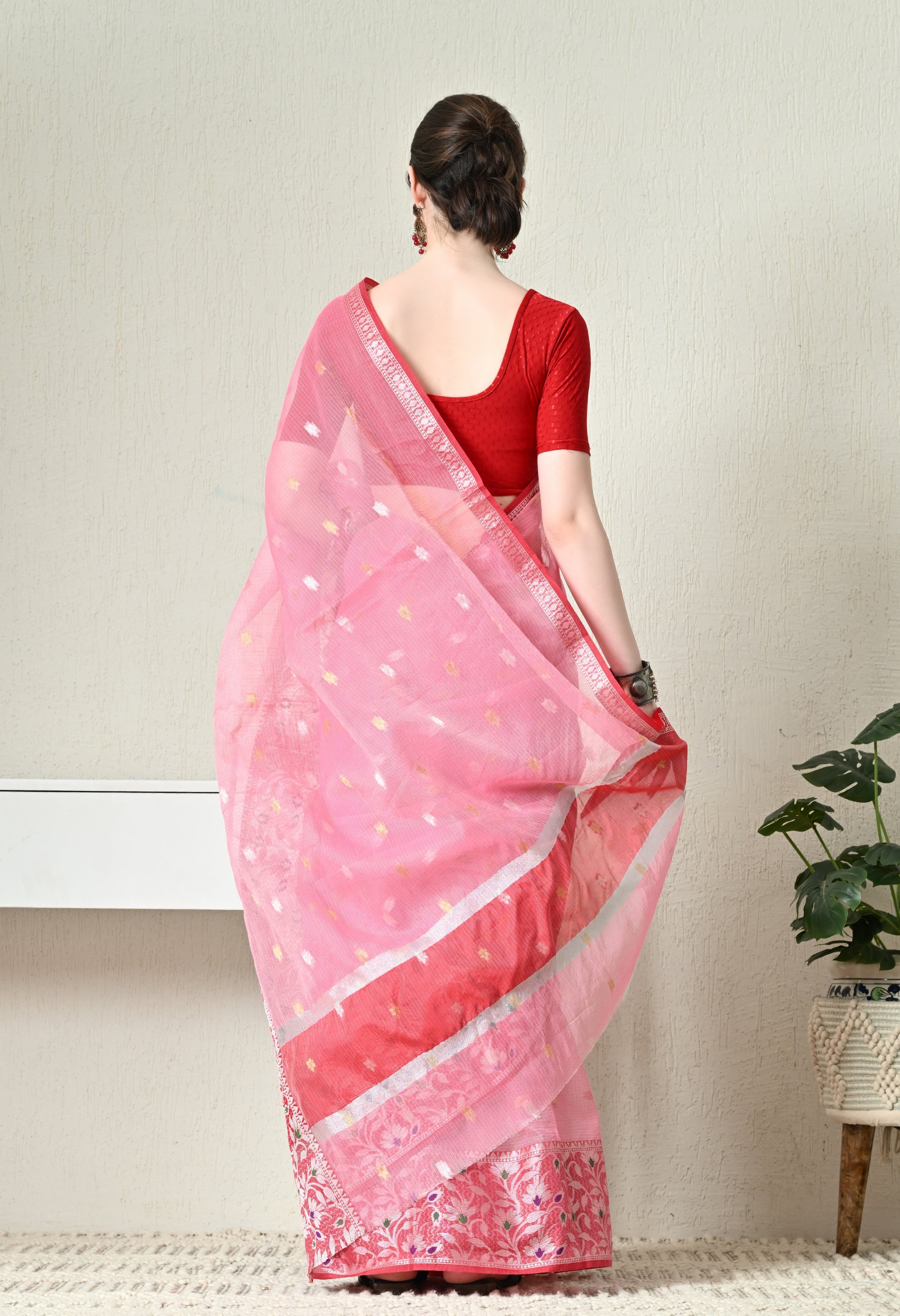 Pink Kota Doria Saree With Red Border