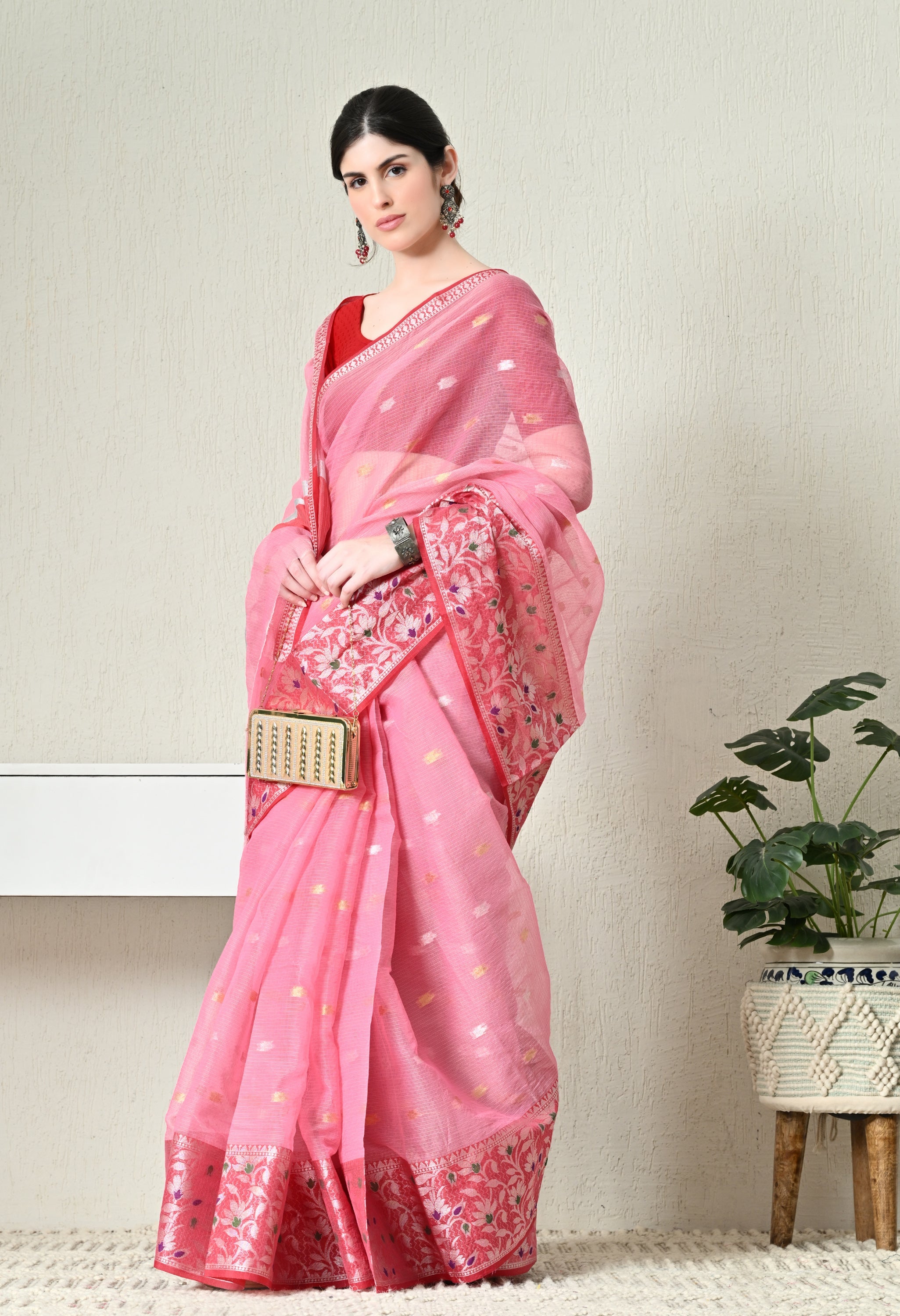 Pink Kota Doria Saree With Red Border