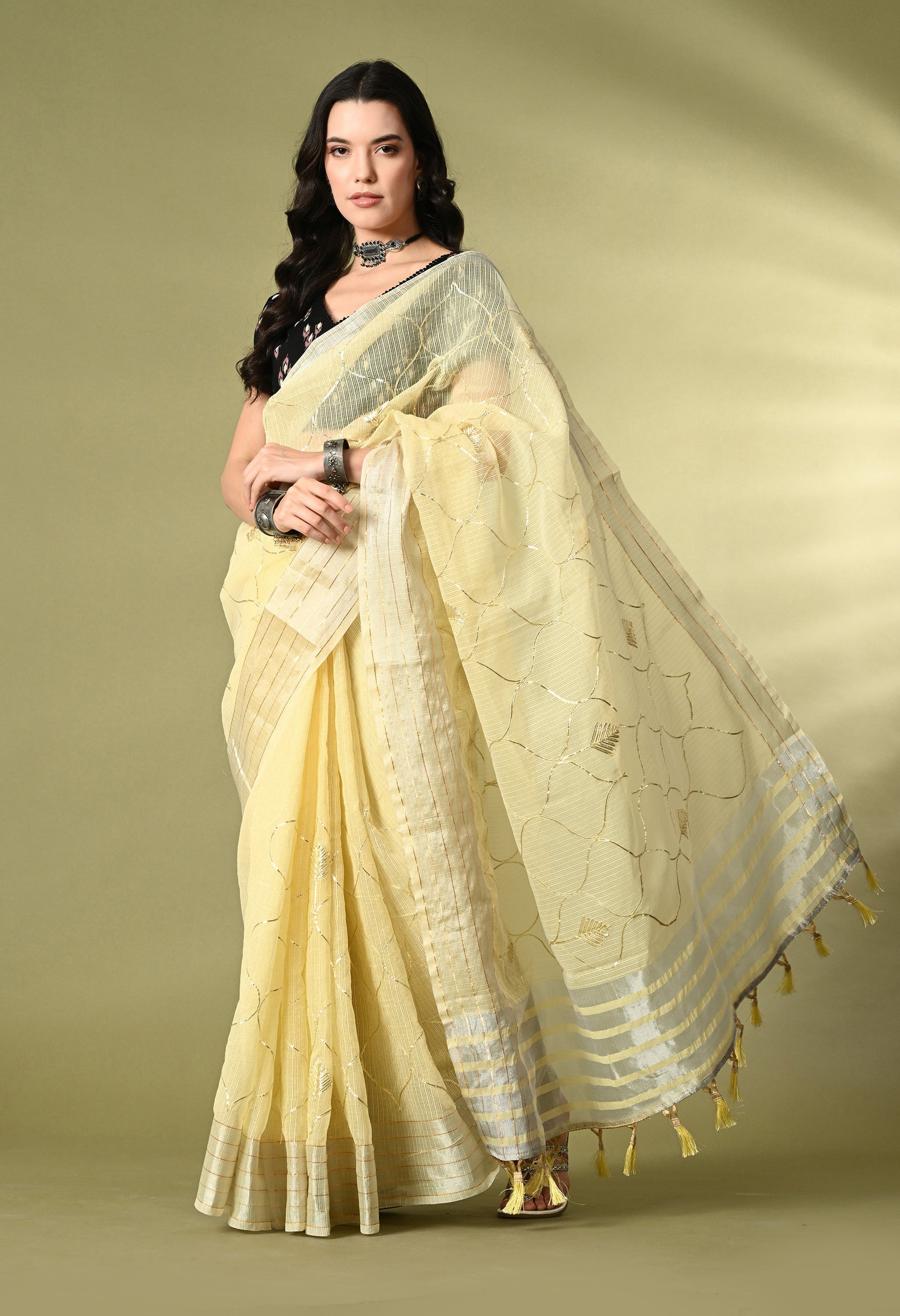 Pastel Yellow Cotton Saree with Gotta Patti