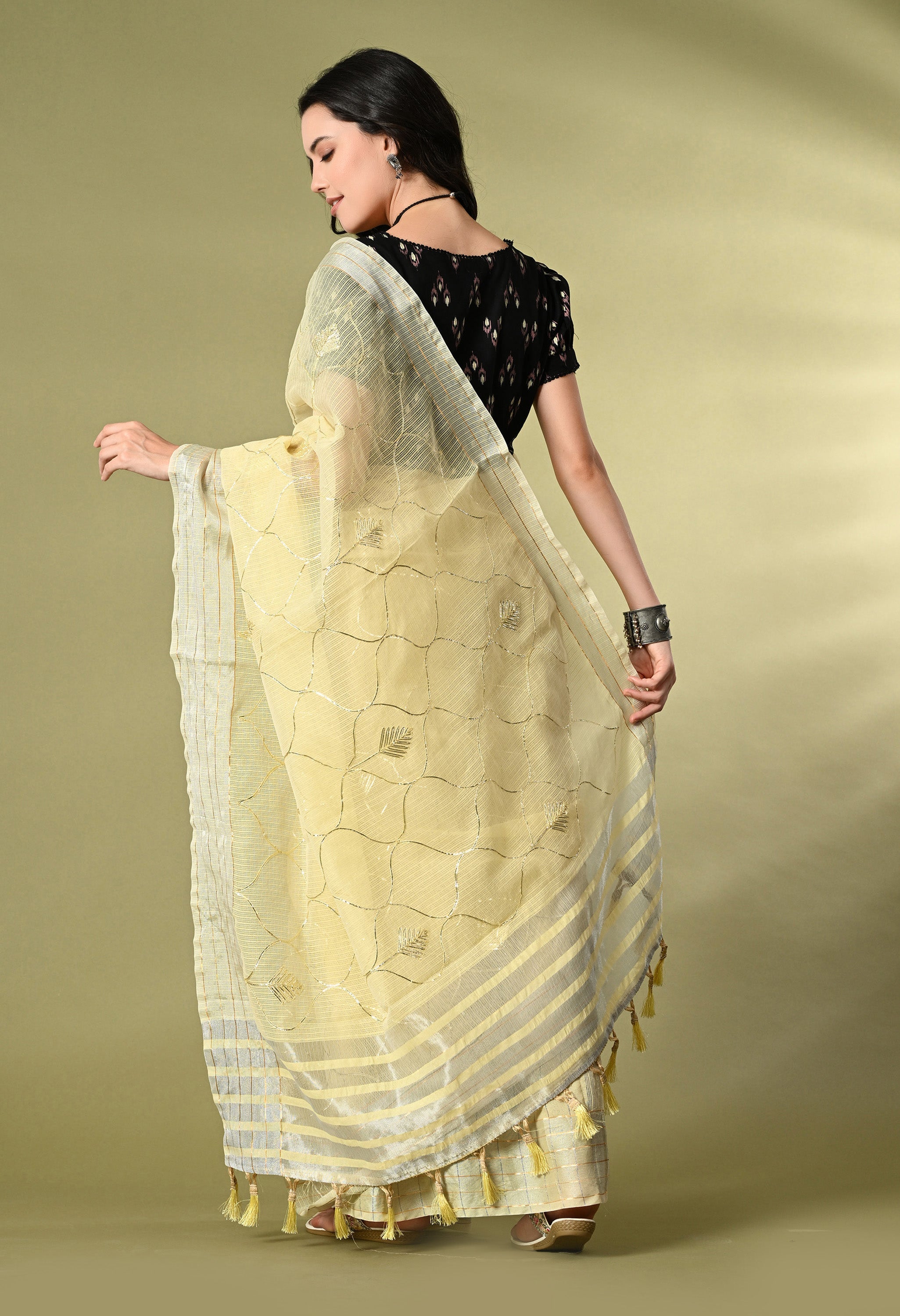 Pastel Yellow Cotton Saree with Gotta Patti
