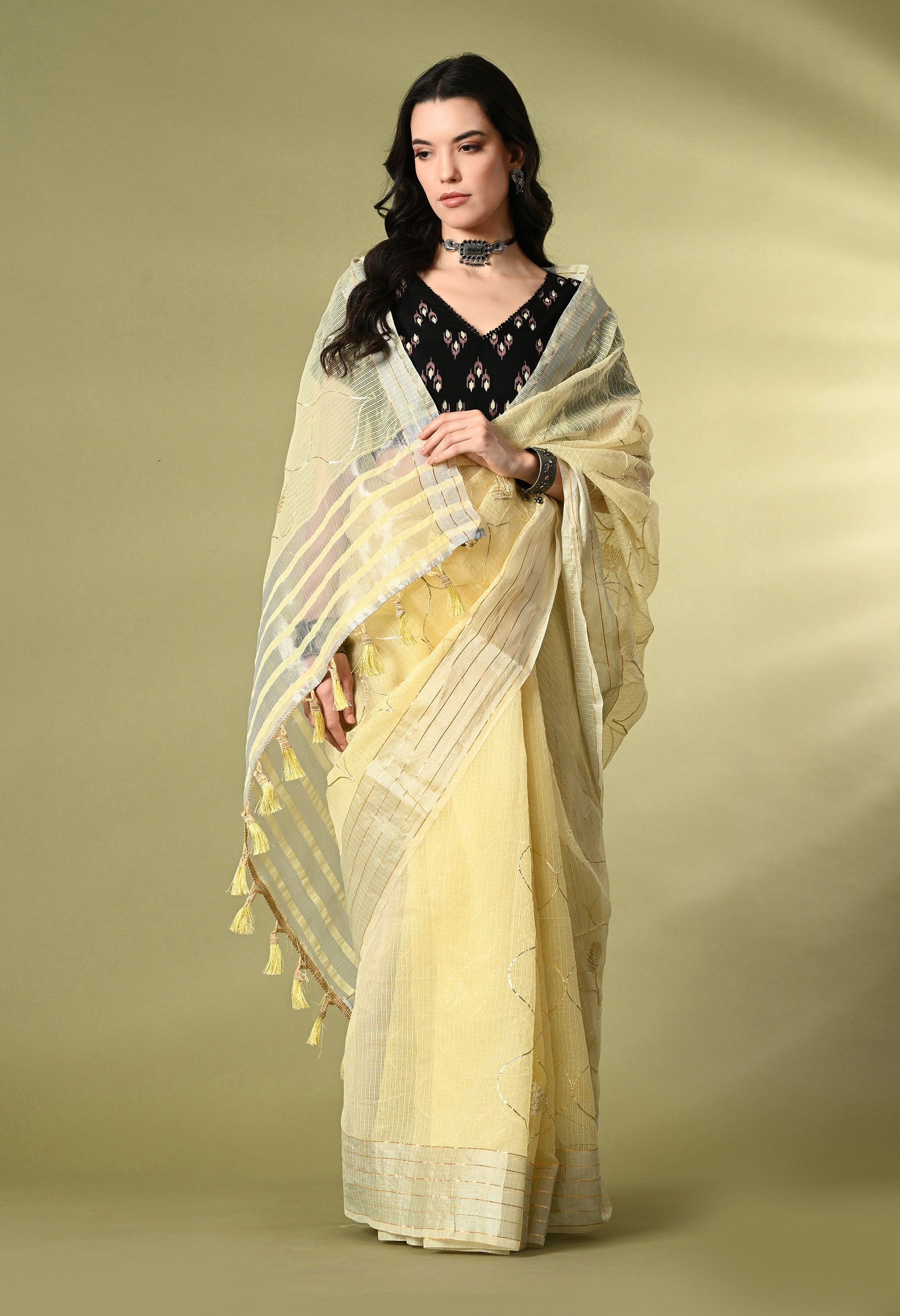 Pastel Yellow Cotton Saree with Gotta Patti