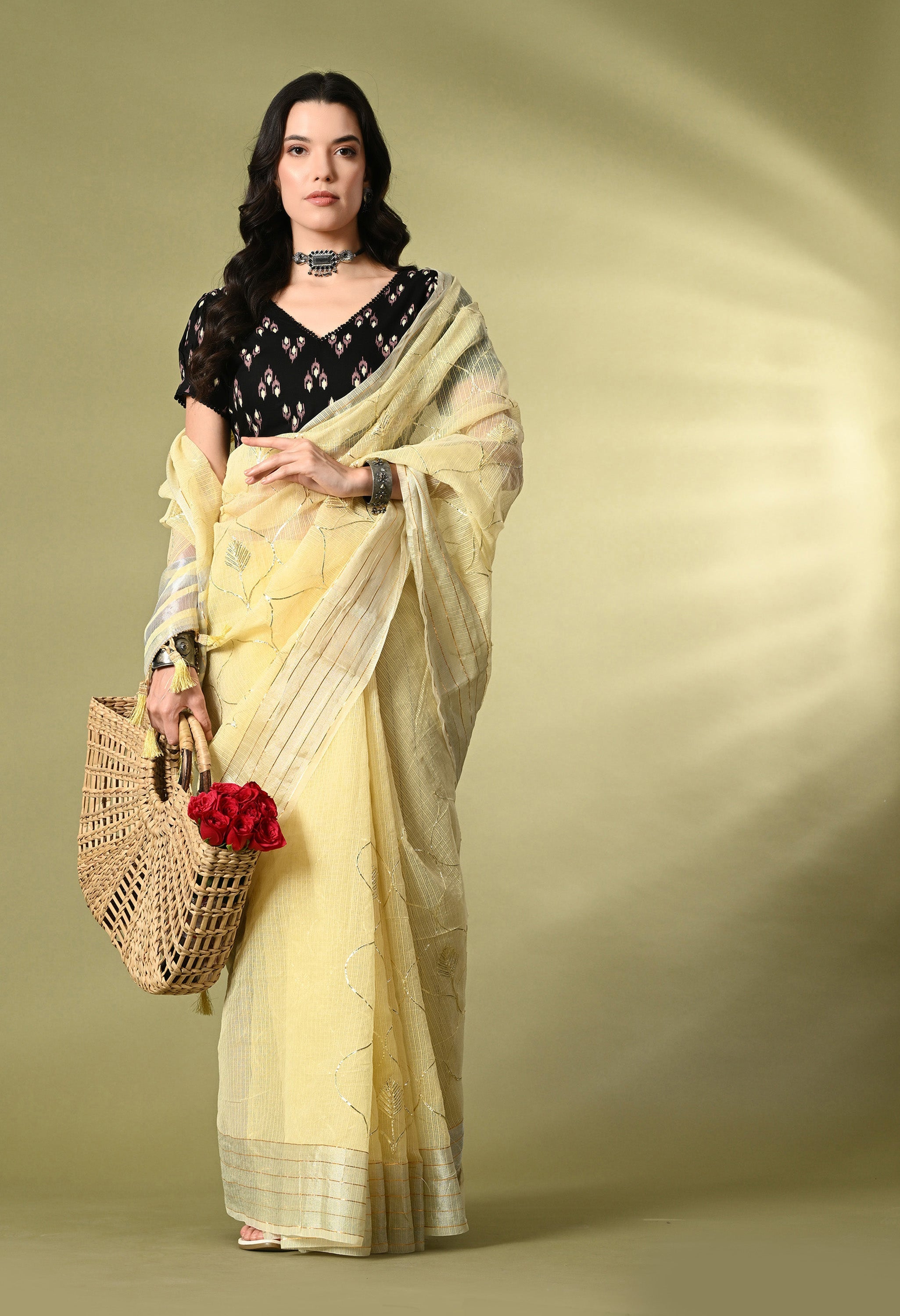 Pastel Yellow Cotton Saree with Gotta Patti