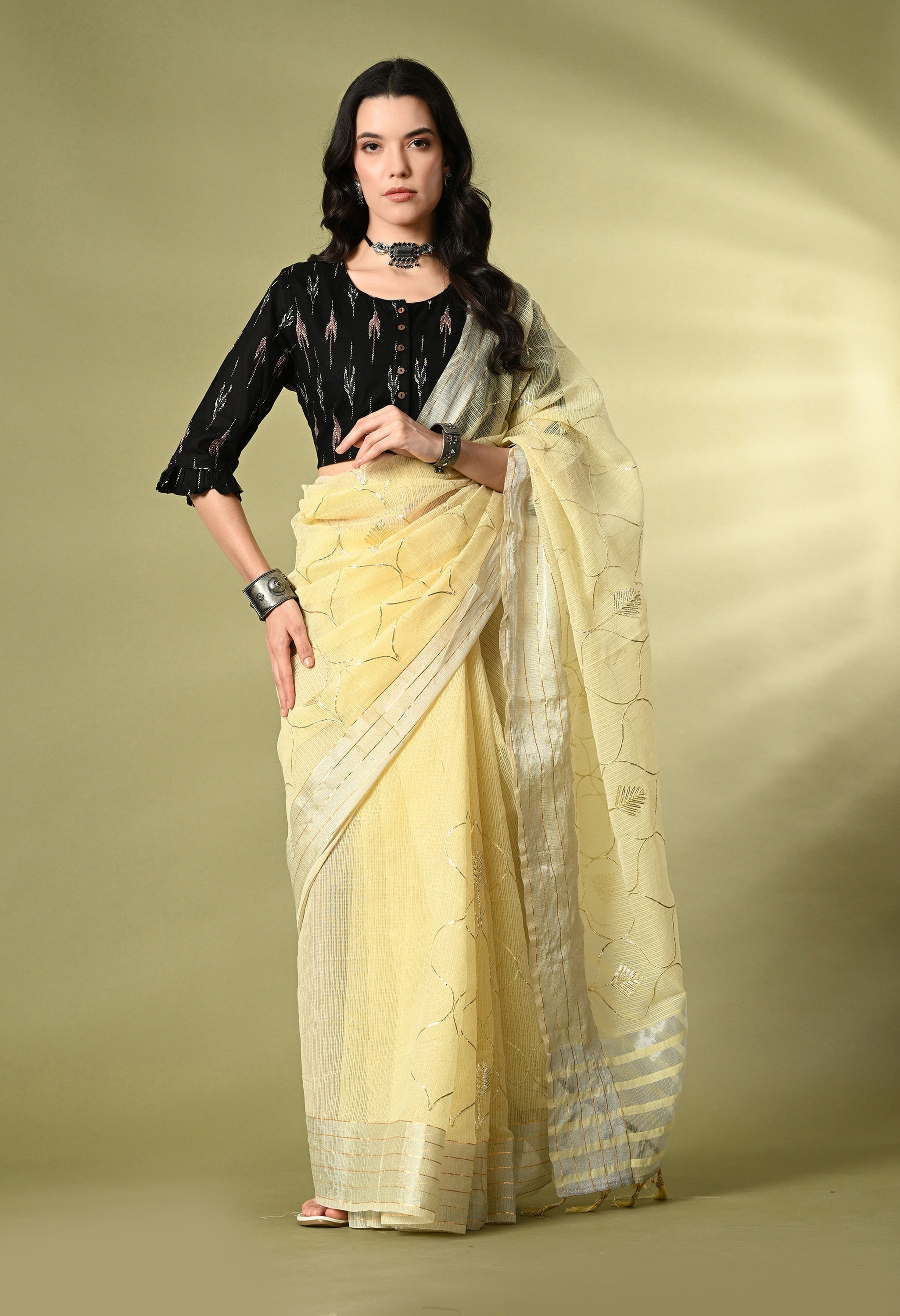 Pastel Yellow Cotton Saree with Gotta Patti