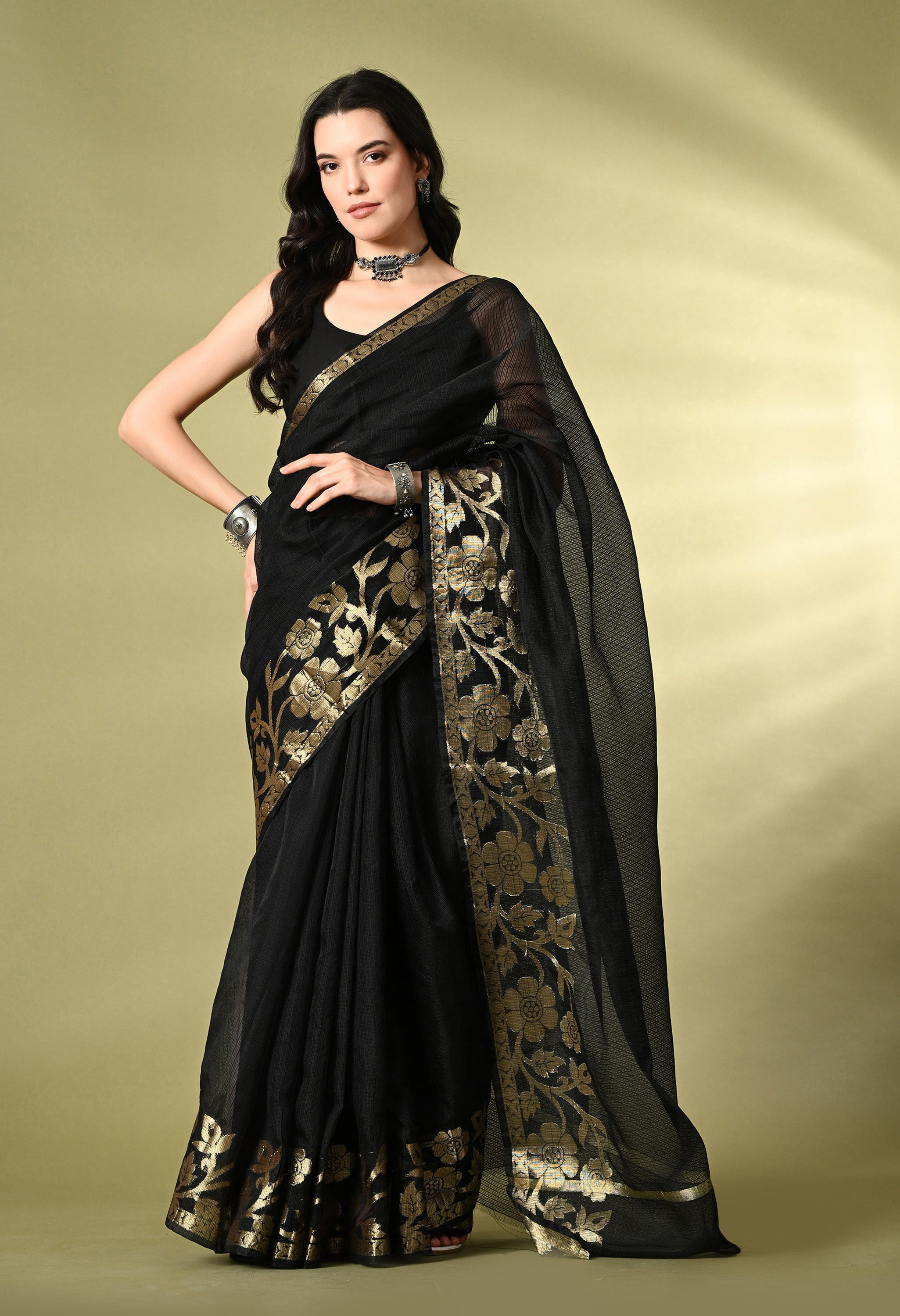 Smoky Black Cotton Saree with Gold Zari Border