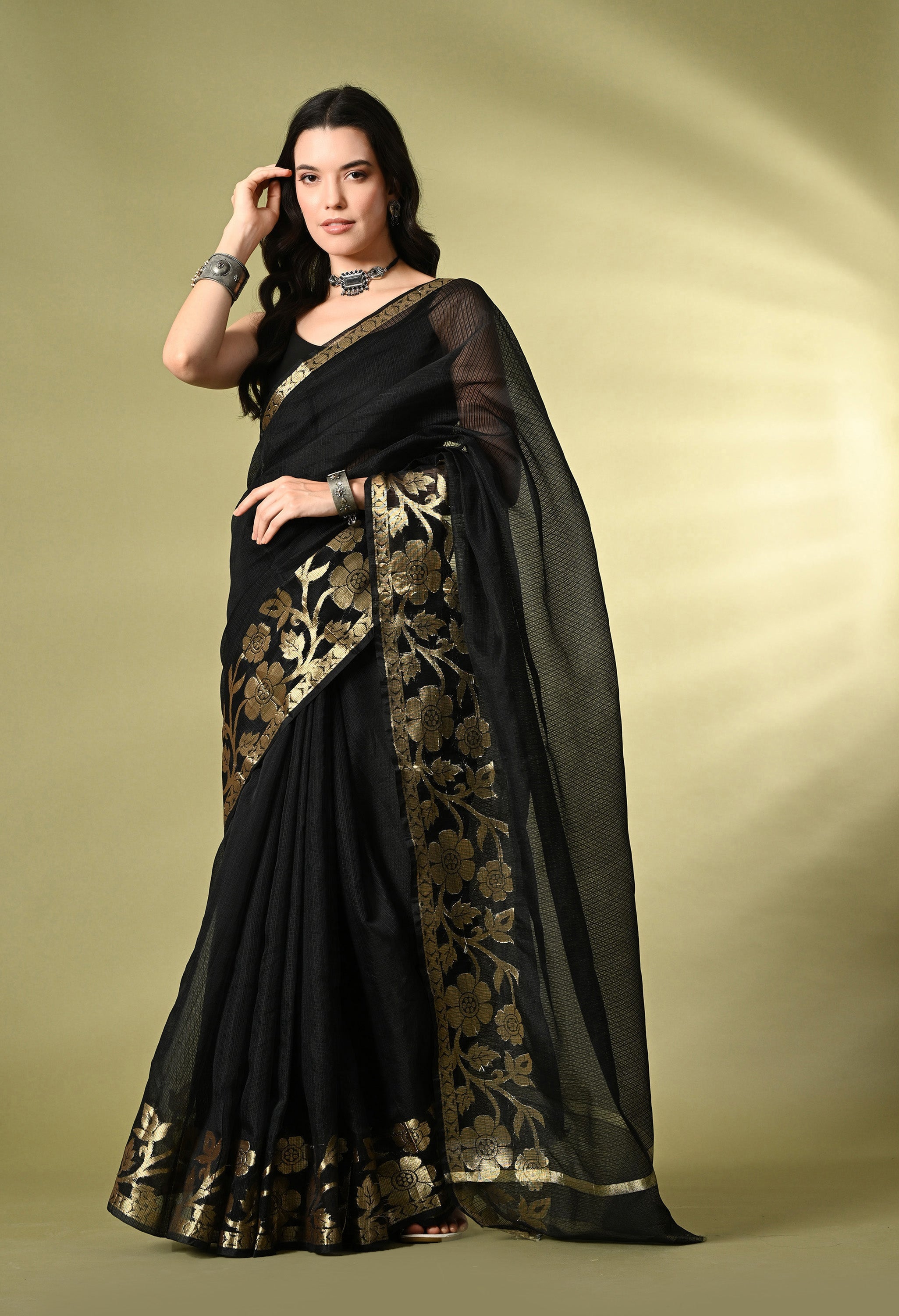 Smoky Black Cotton Saree with Gold Zari Border