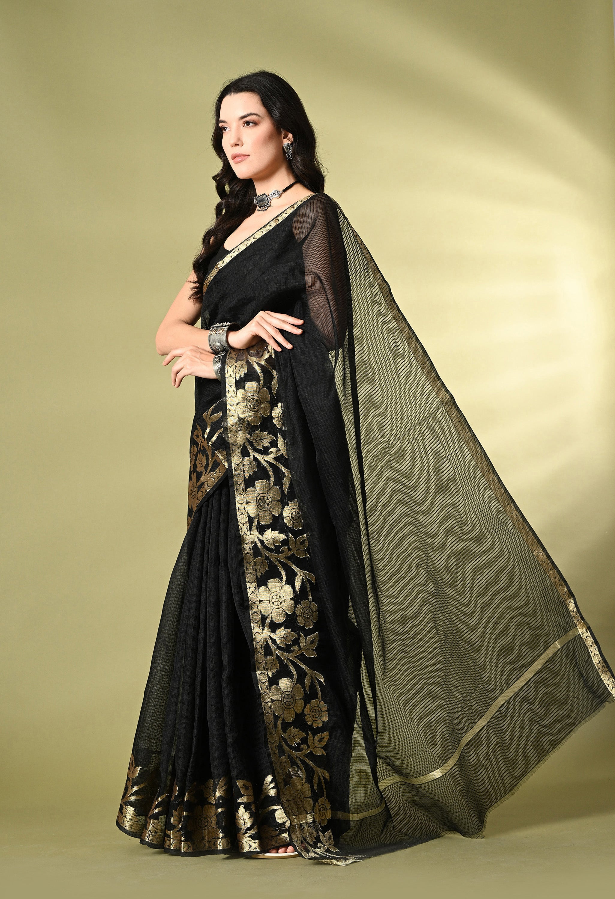 Smoky Black Cotton Saree with Gold Zari Border