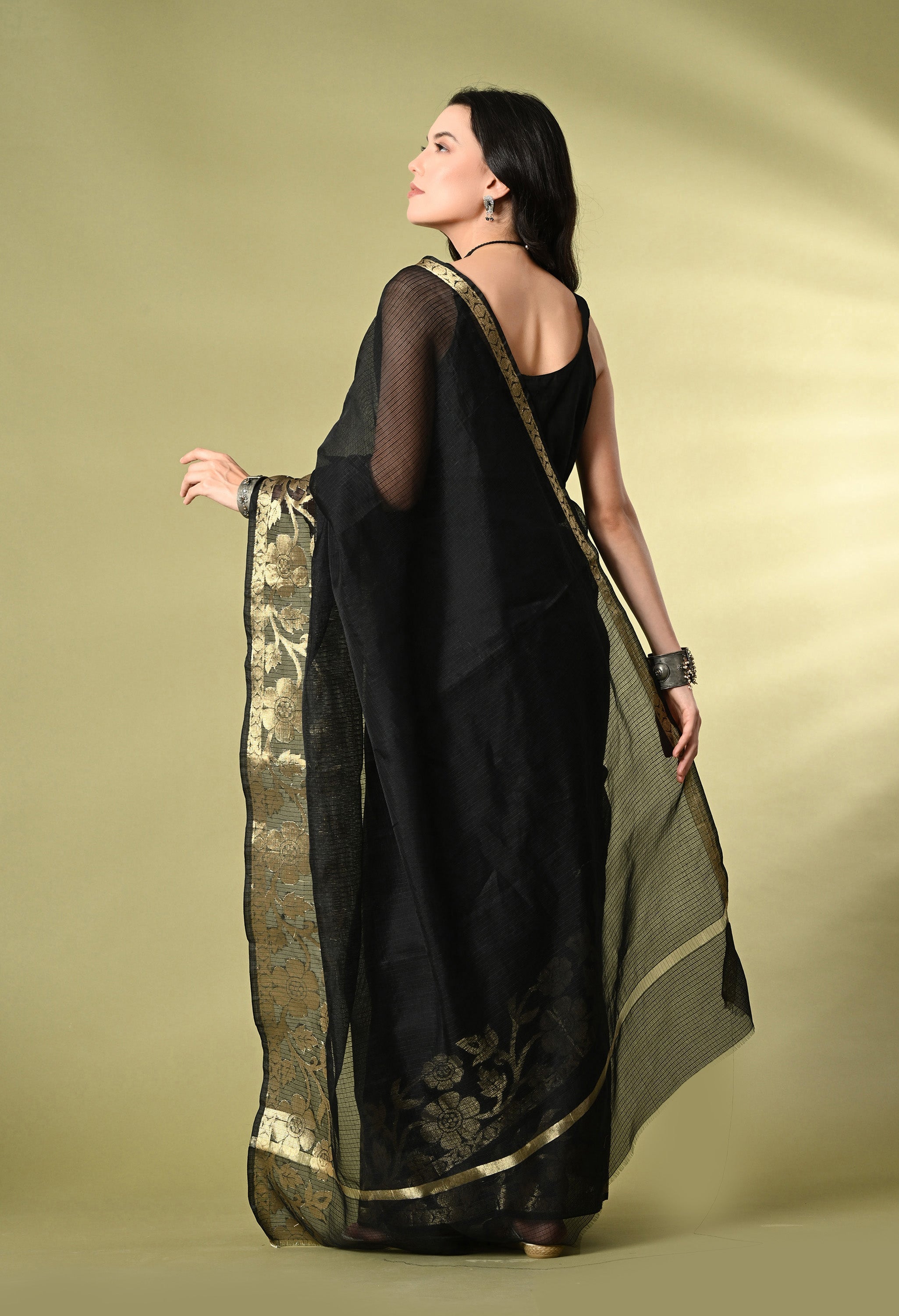 Smoky Black Cotton Saree with Gold Zari Border