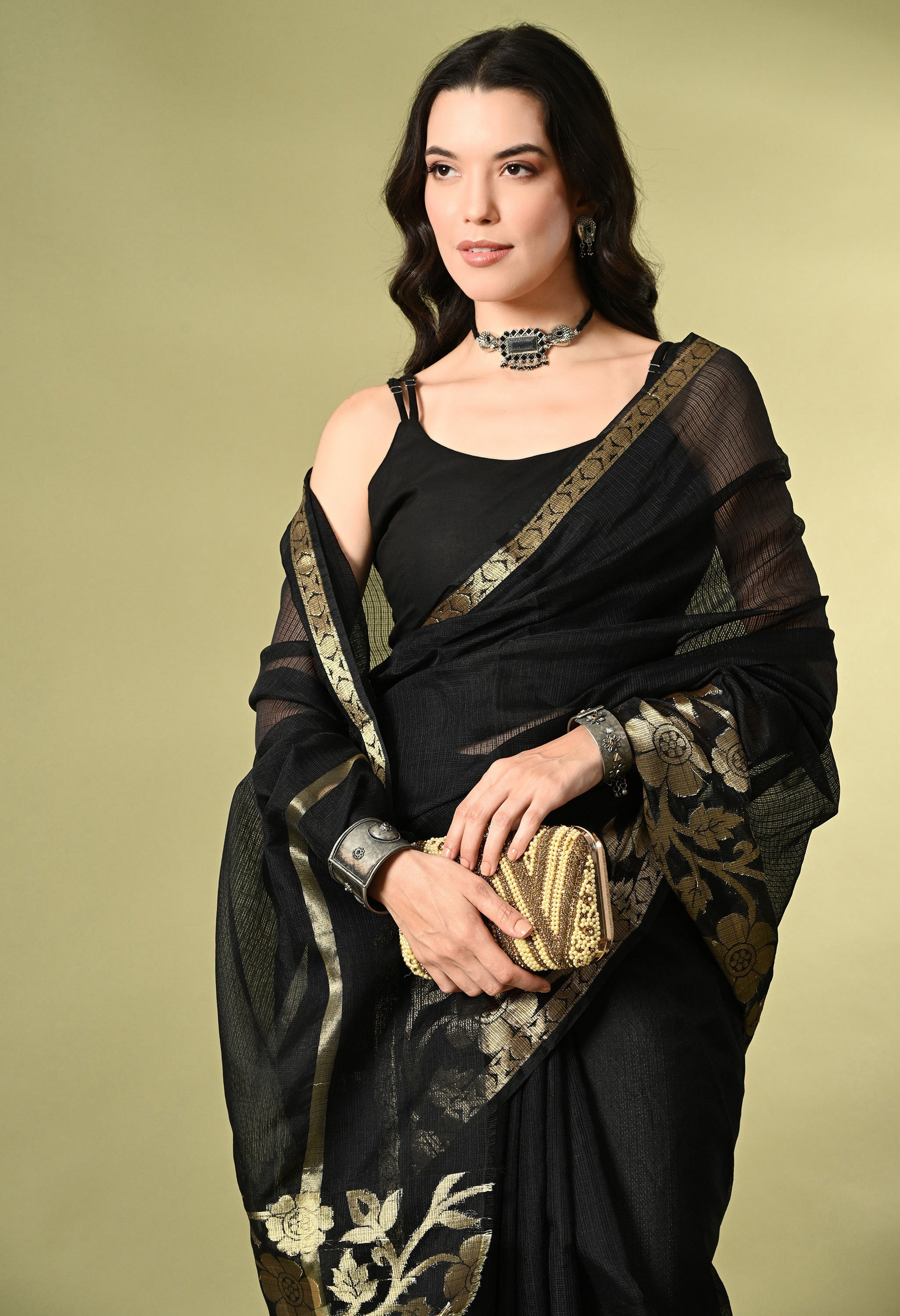 Smoky Black Cotton Saree with Gold Zari Border