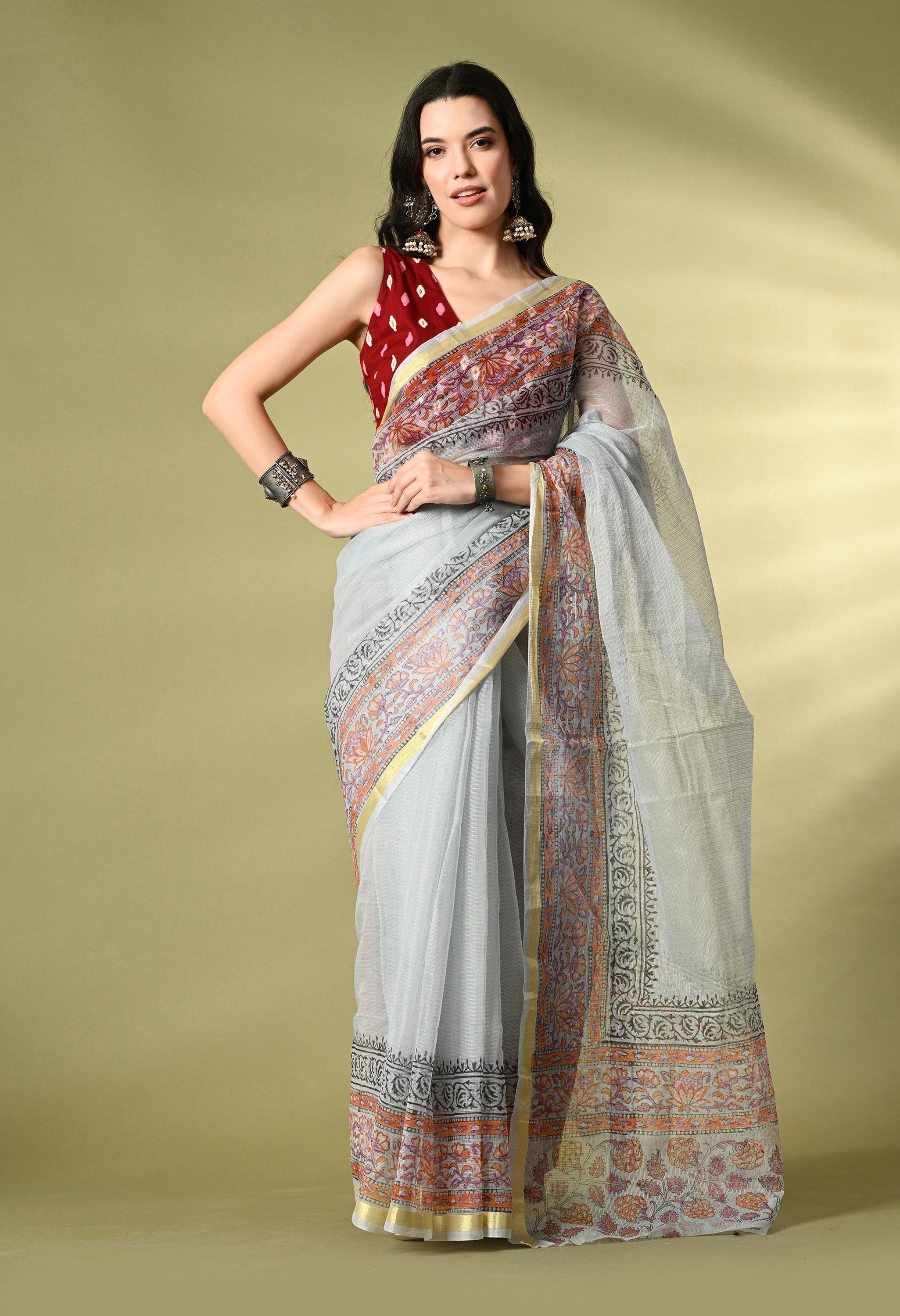 Slate Blue Cotton Saree with Red Hue Floral Border