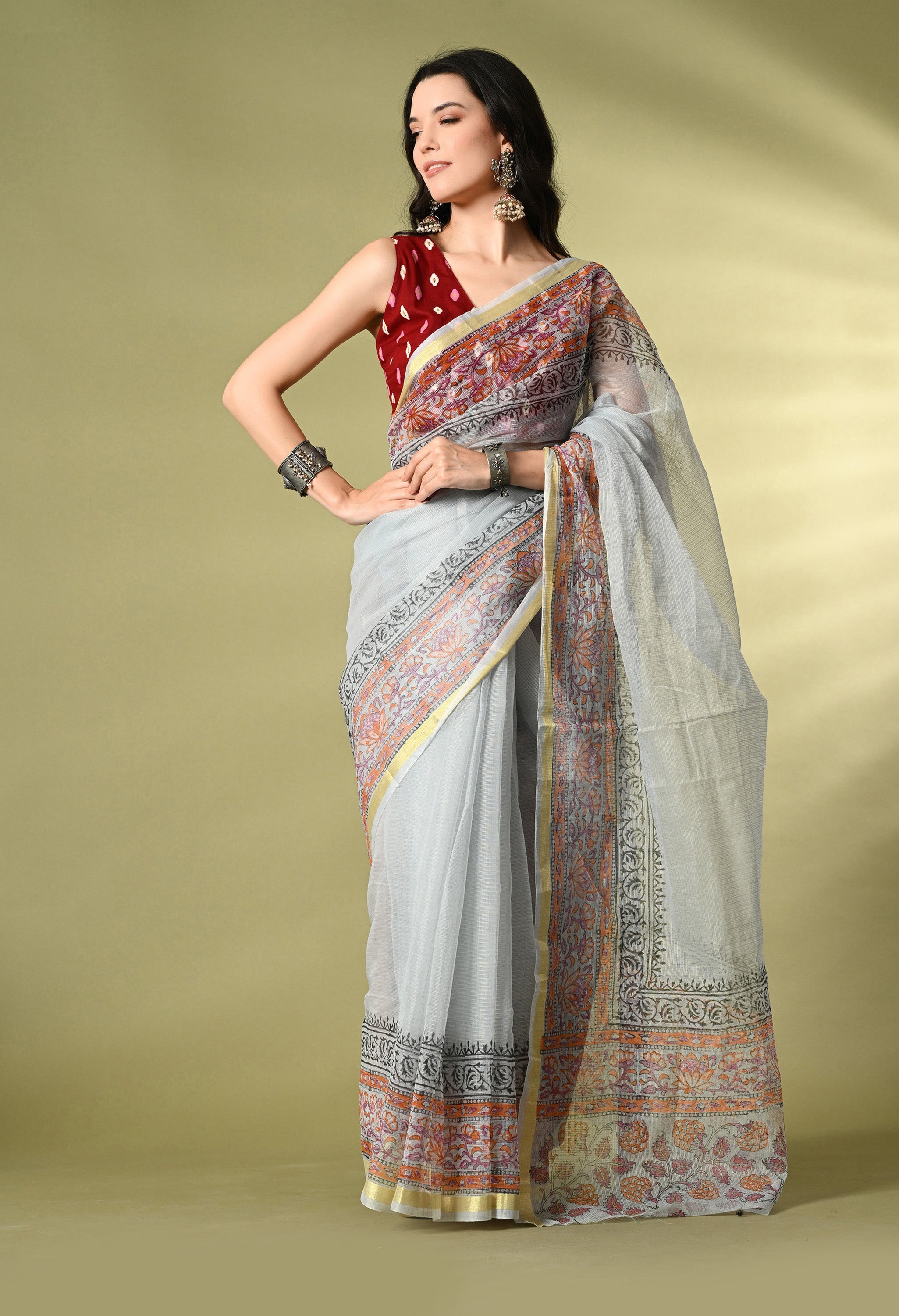 Slate Blue Cotton Saree with Red Hue Floral Border
