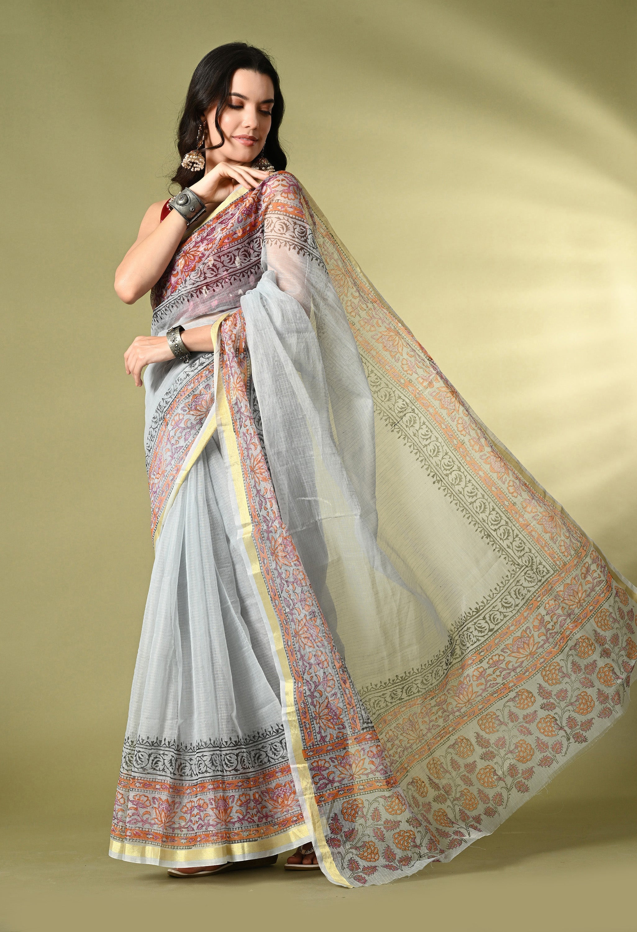 Slate Blue Cotton Saree with Red Hue Floral Border