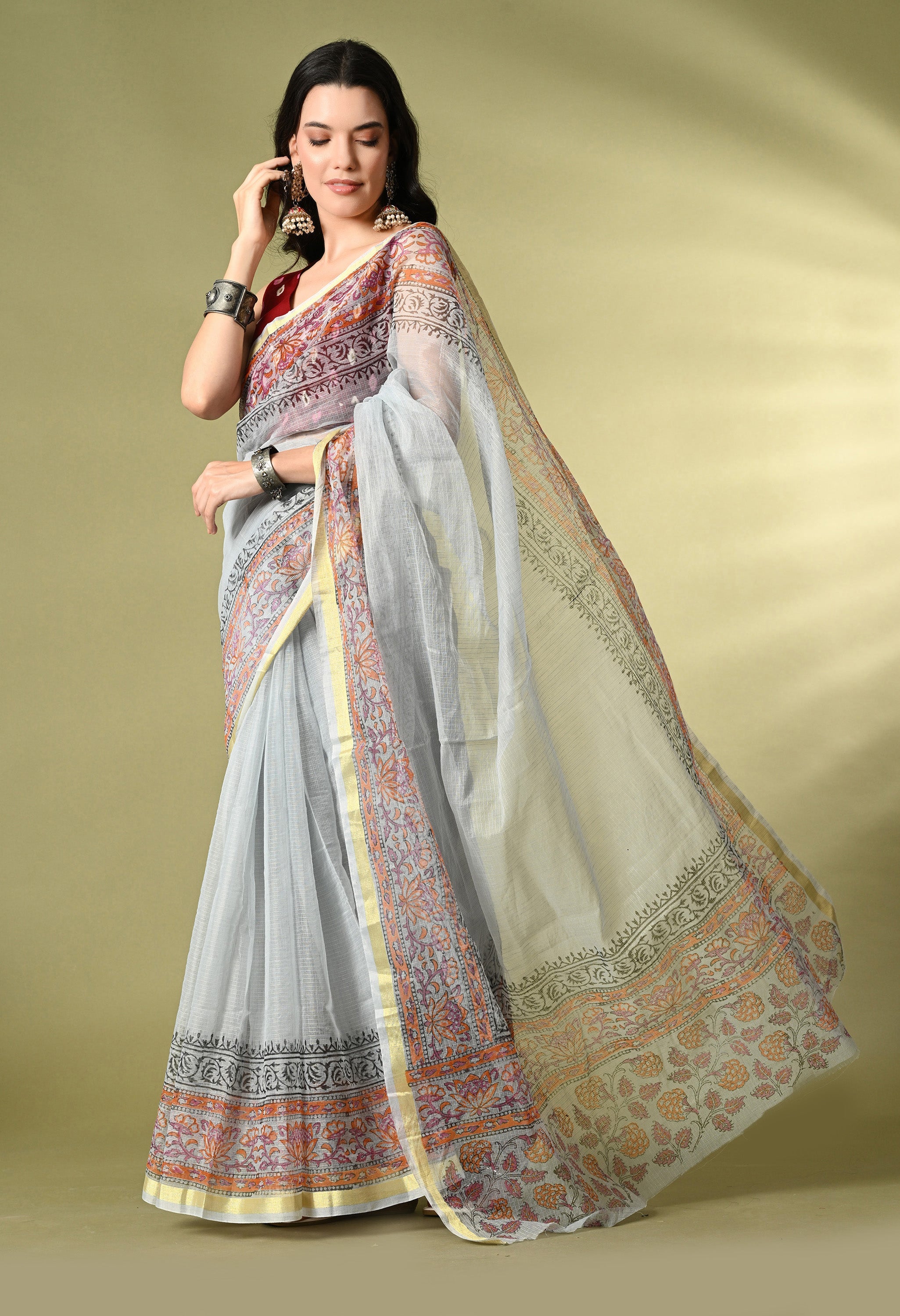Slate Blue Cotton Saree with Red Hue Floral Border