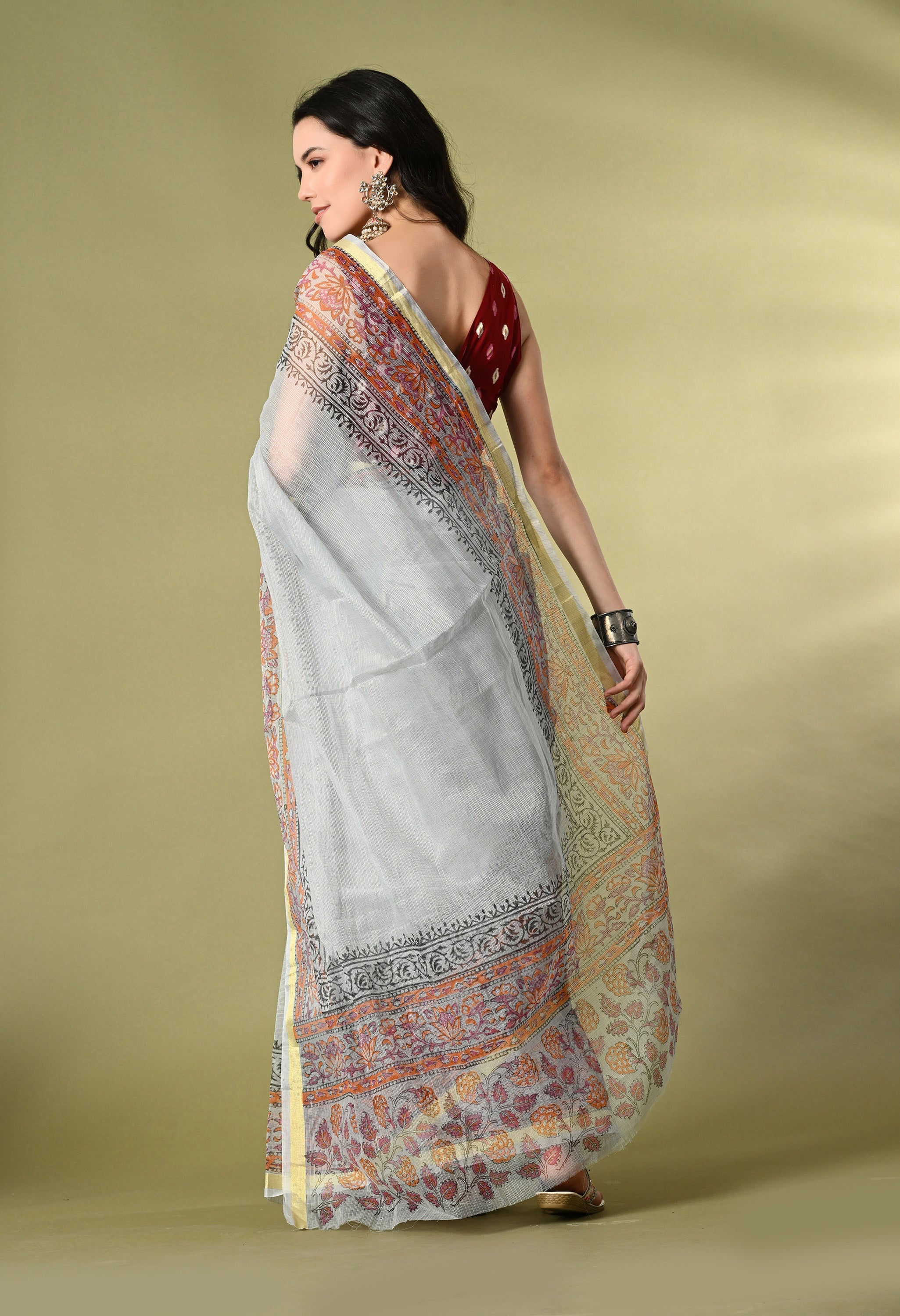 Slate Blue Cotton Saree with Red Hue Floral Border