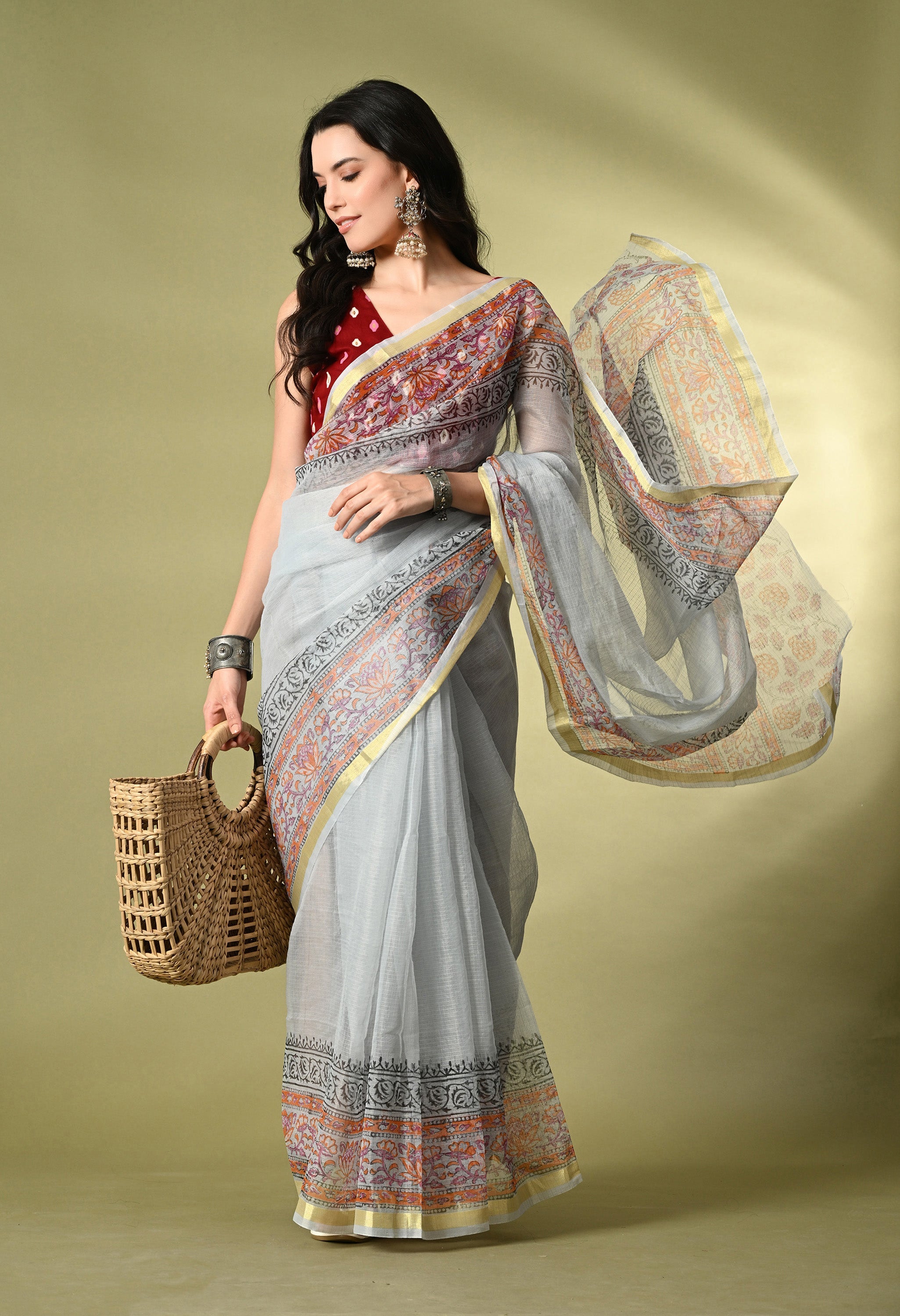 Slate Blue Cotton Saree with Red Hue Floral Border