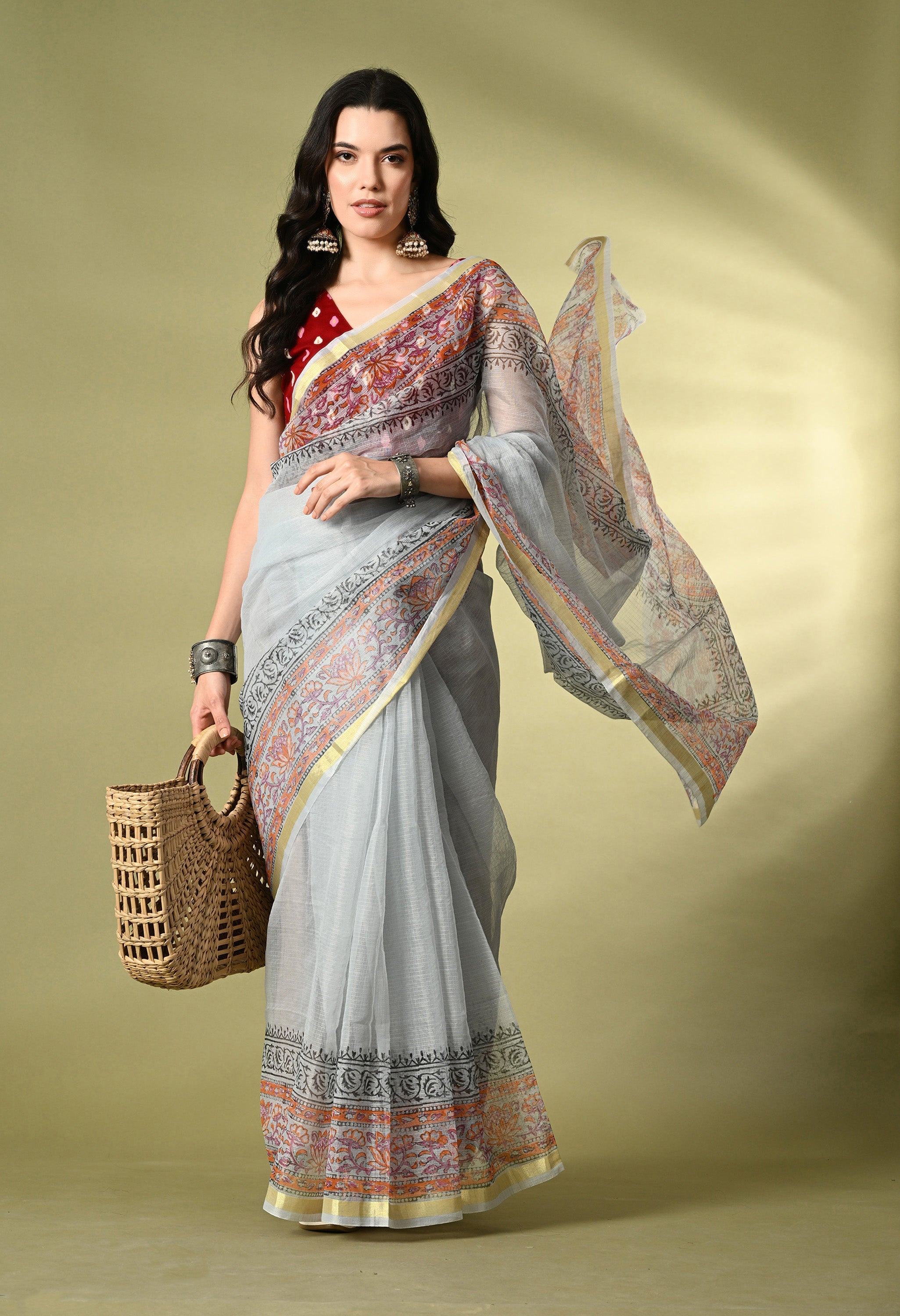 Slate Blue Cotton Saree with Red Hue Floral Border