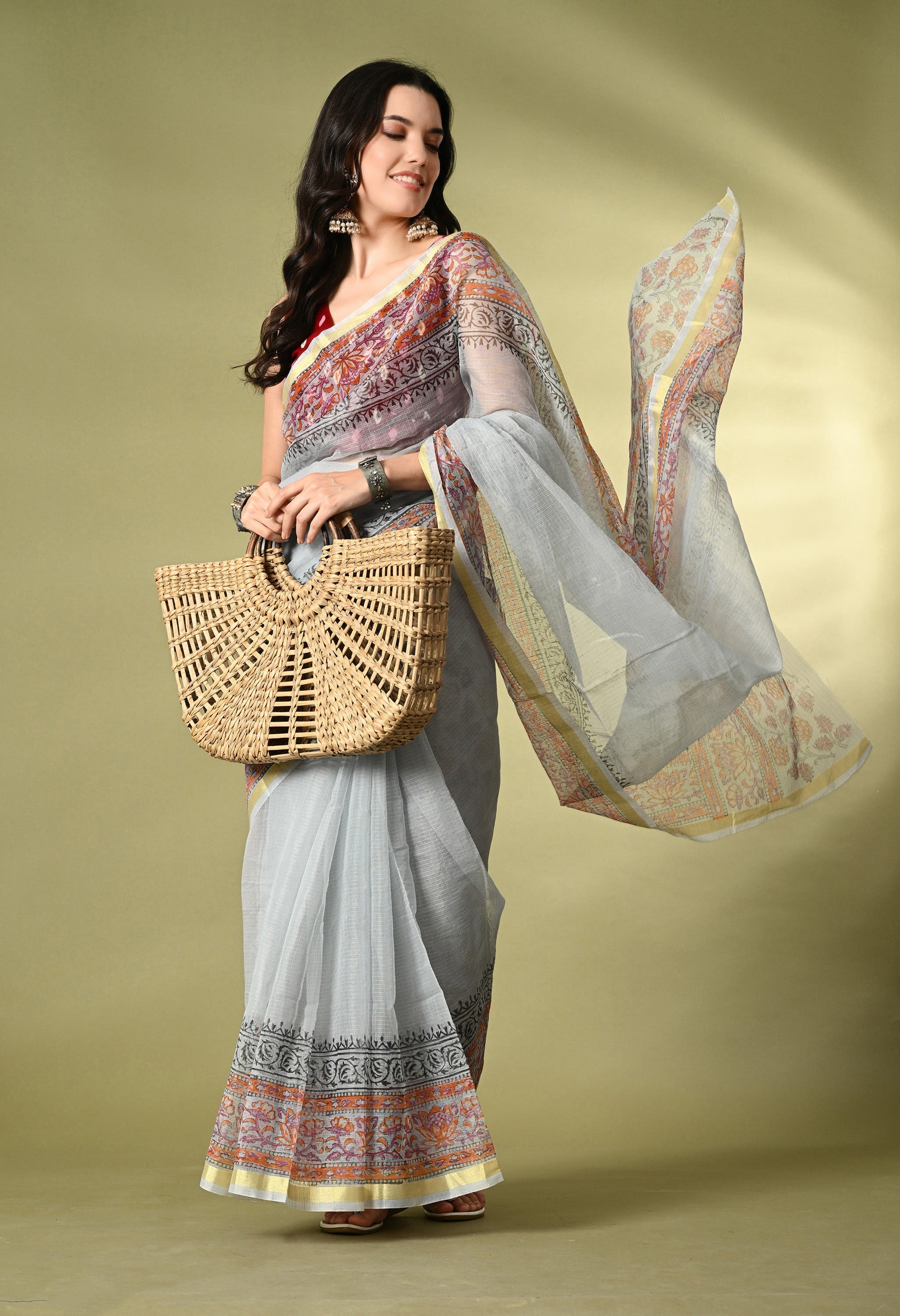 Slate Blue Cotton Saree with Red Hue Floral Border