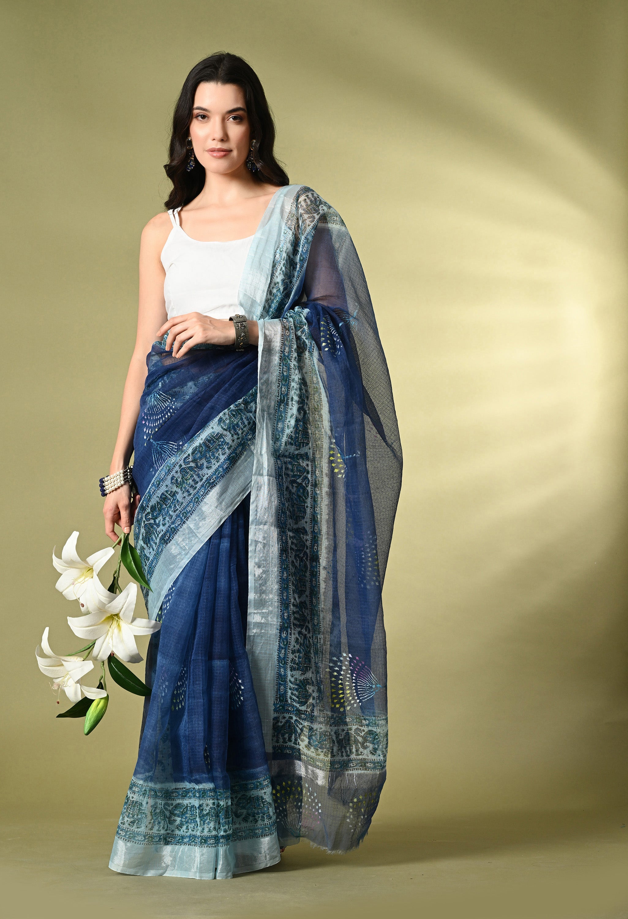 Navy Blue Cotton Saree with Silver Design Border