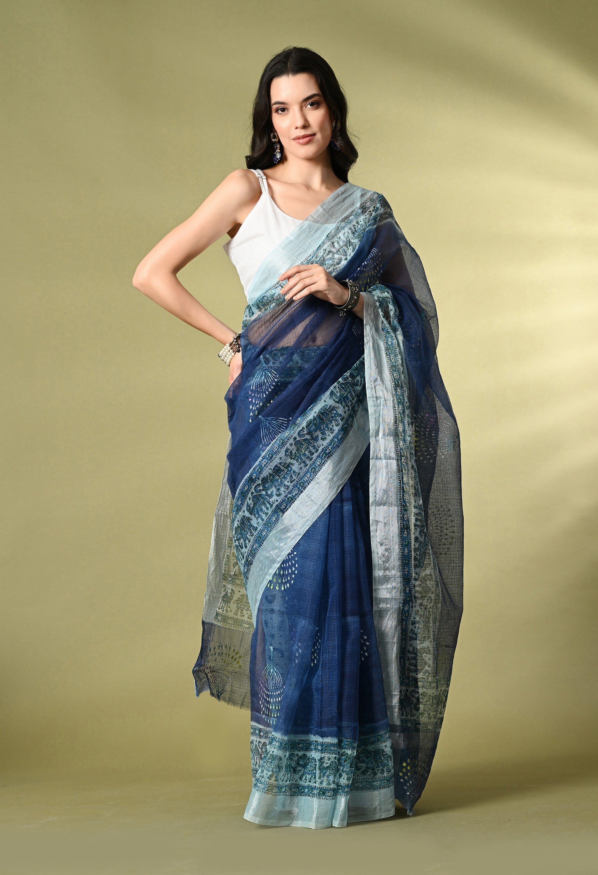 Navy Blue Cotton Saree with Silver Design Border