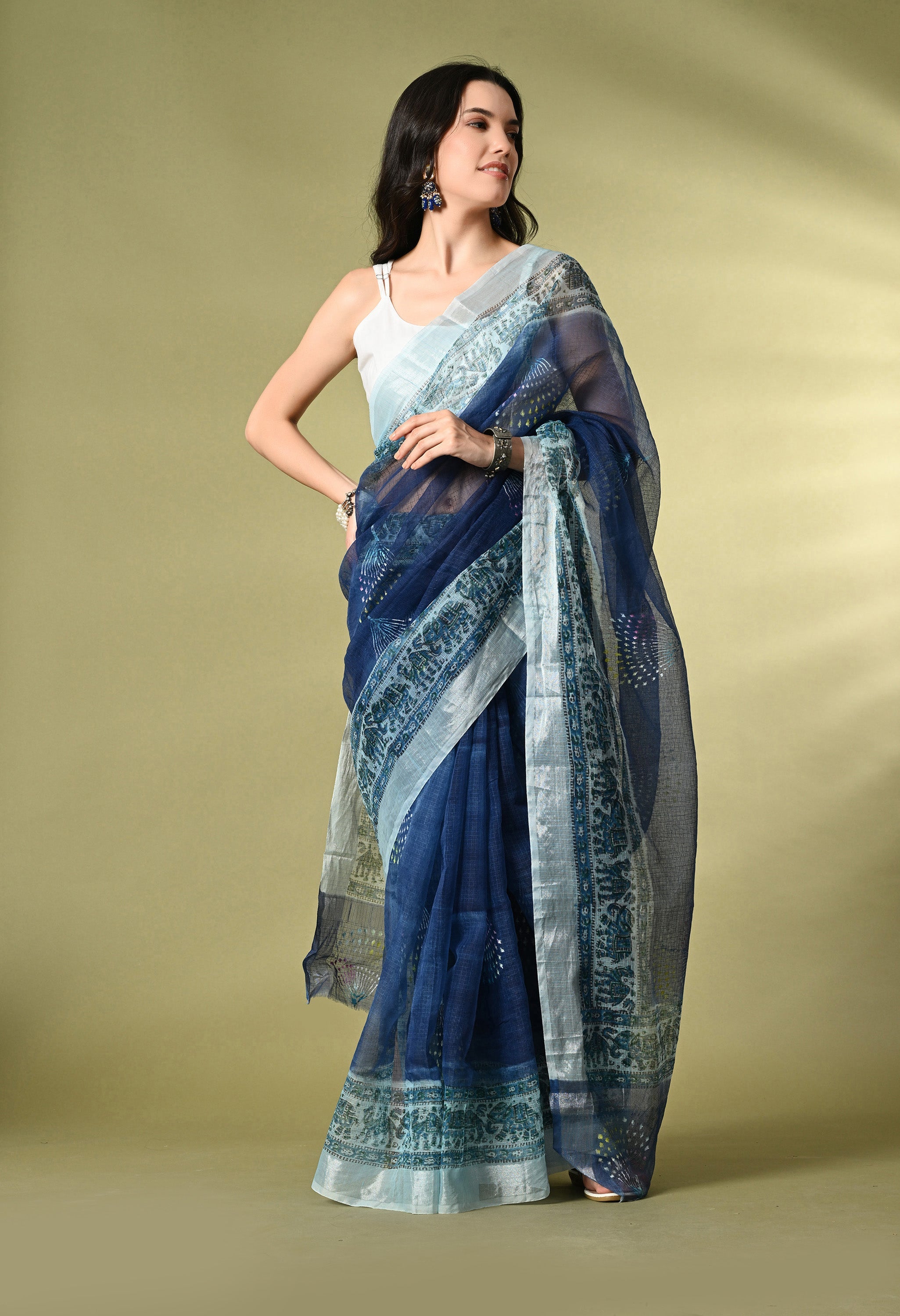 Navy Blue Cotton Saree with Silver Design Border