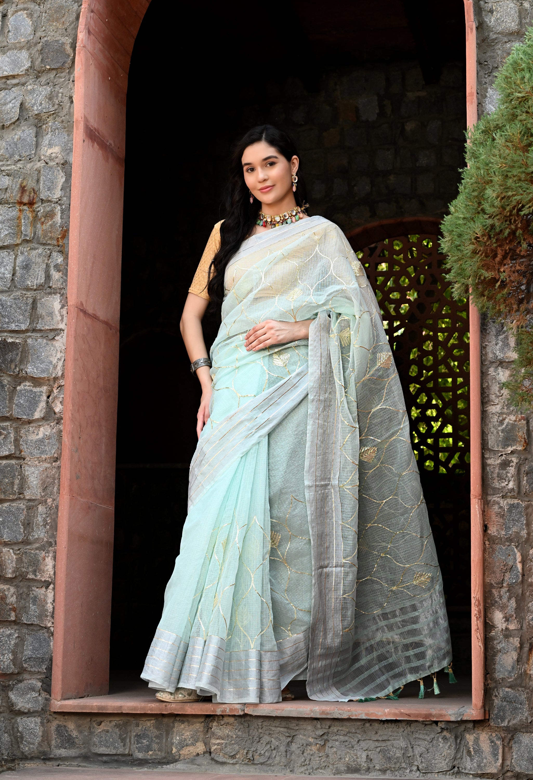 Pastel Blue Cotton Saree with Gota Patti Pattern
