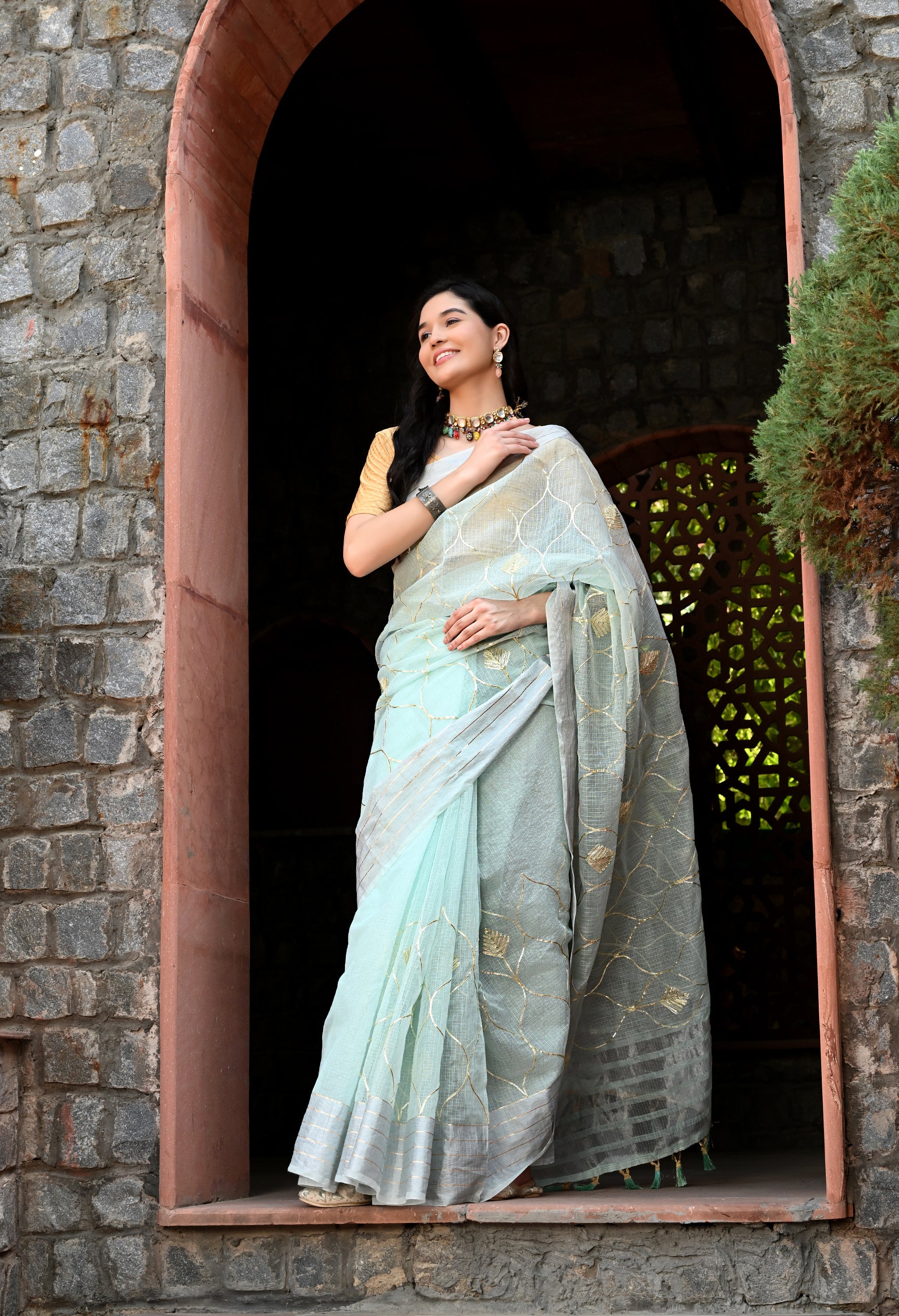 Pastel Blue Cotton Saree with Gota Patti Pattern
