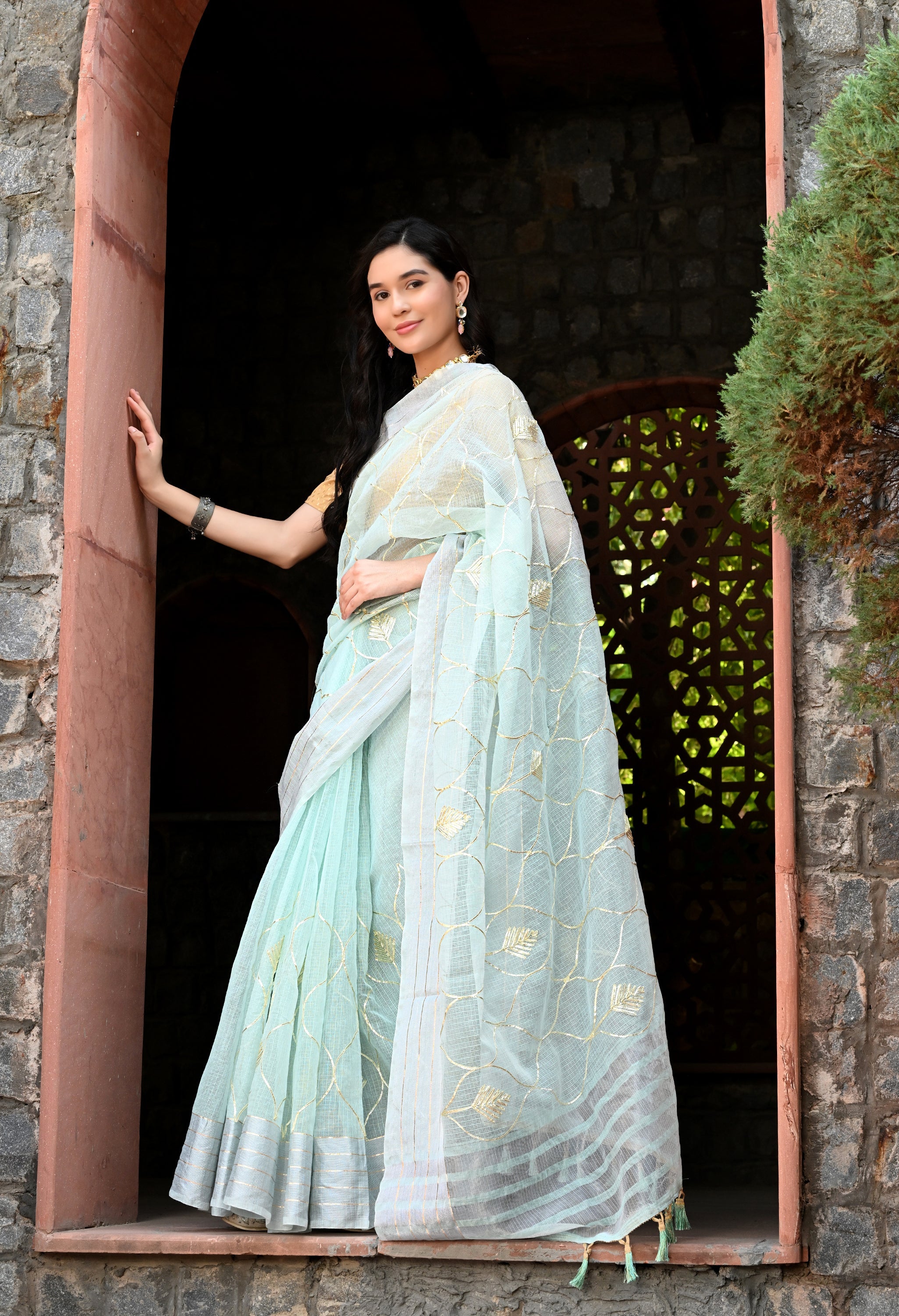 Pastel Blue Cotton Saree with Gota Patti Pattern