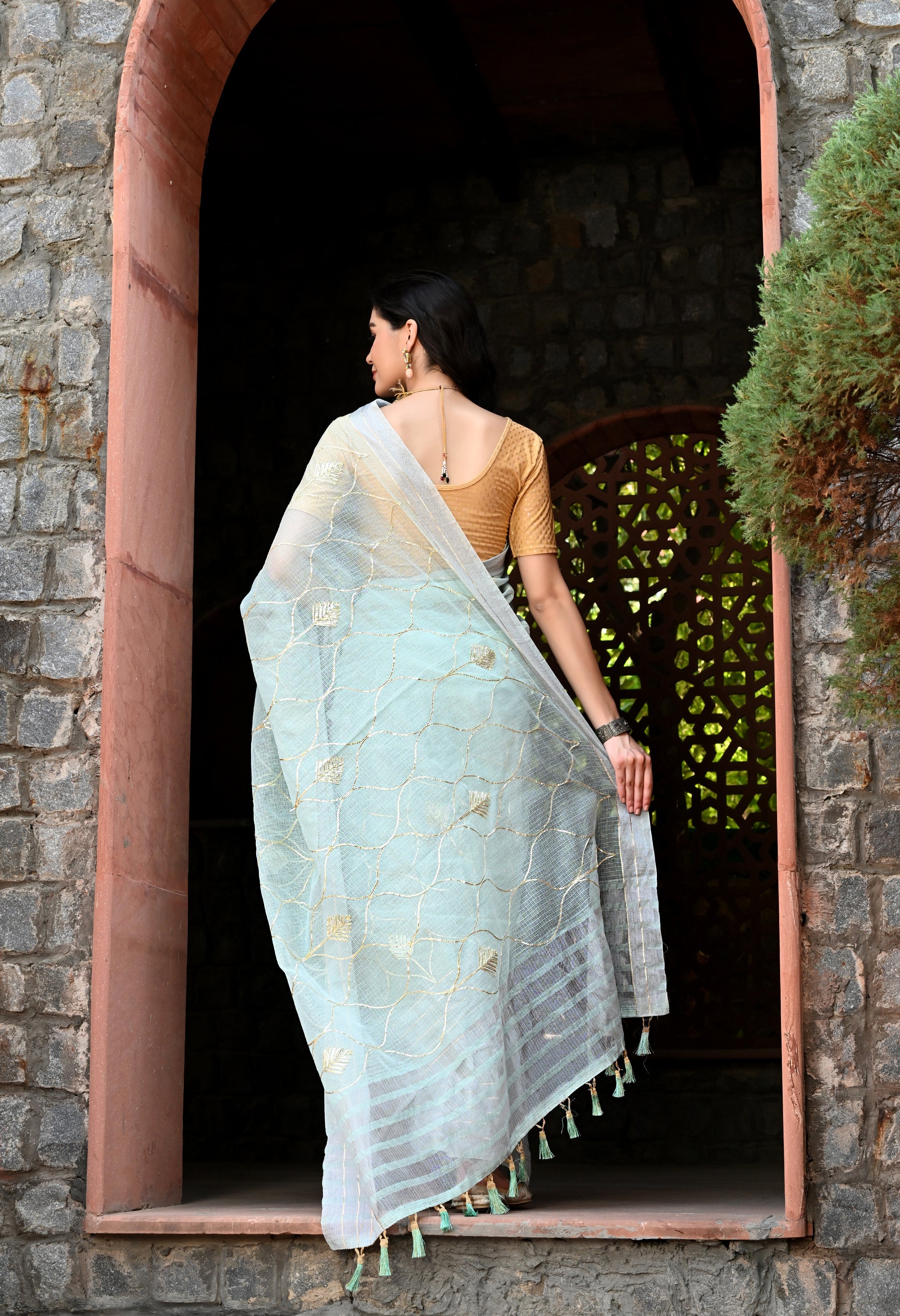 Pastel Blue Cotton Saree with Gota Patti Pattern