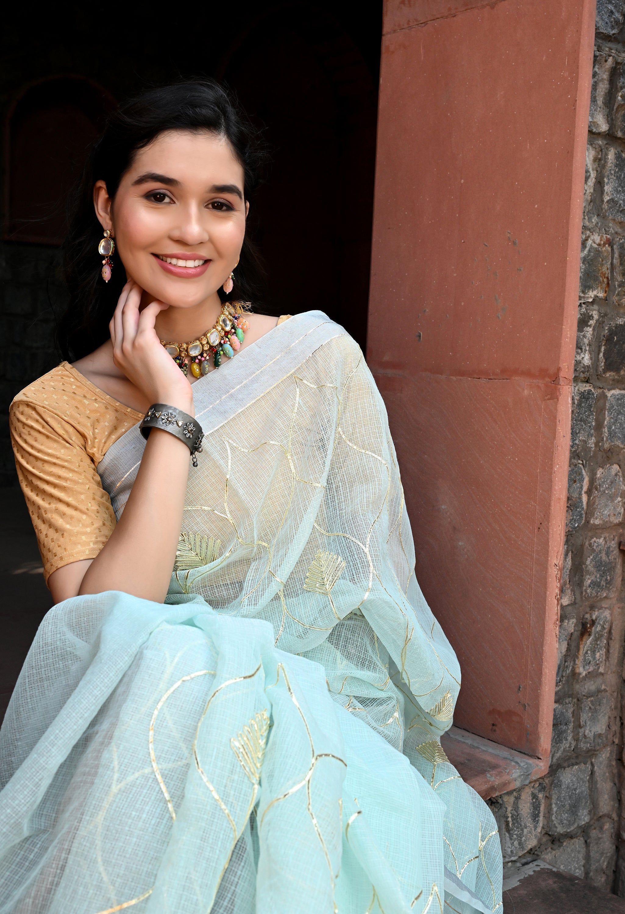 Pastel Blue Cotton Saree with Gota Patti Pattern