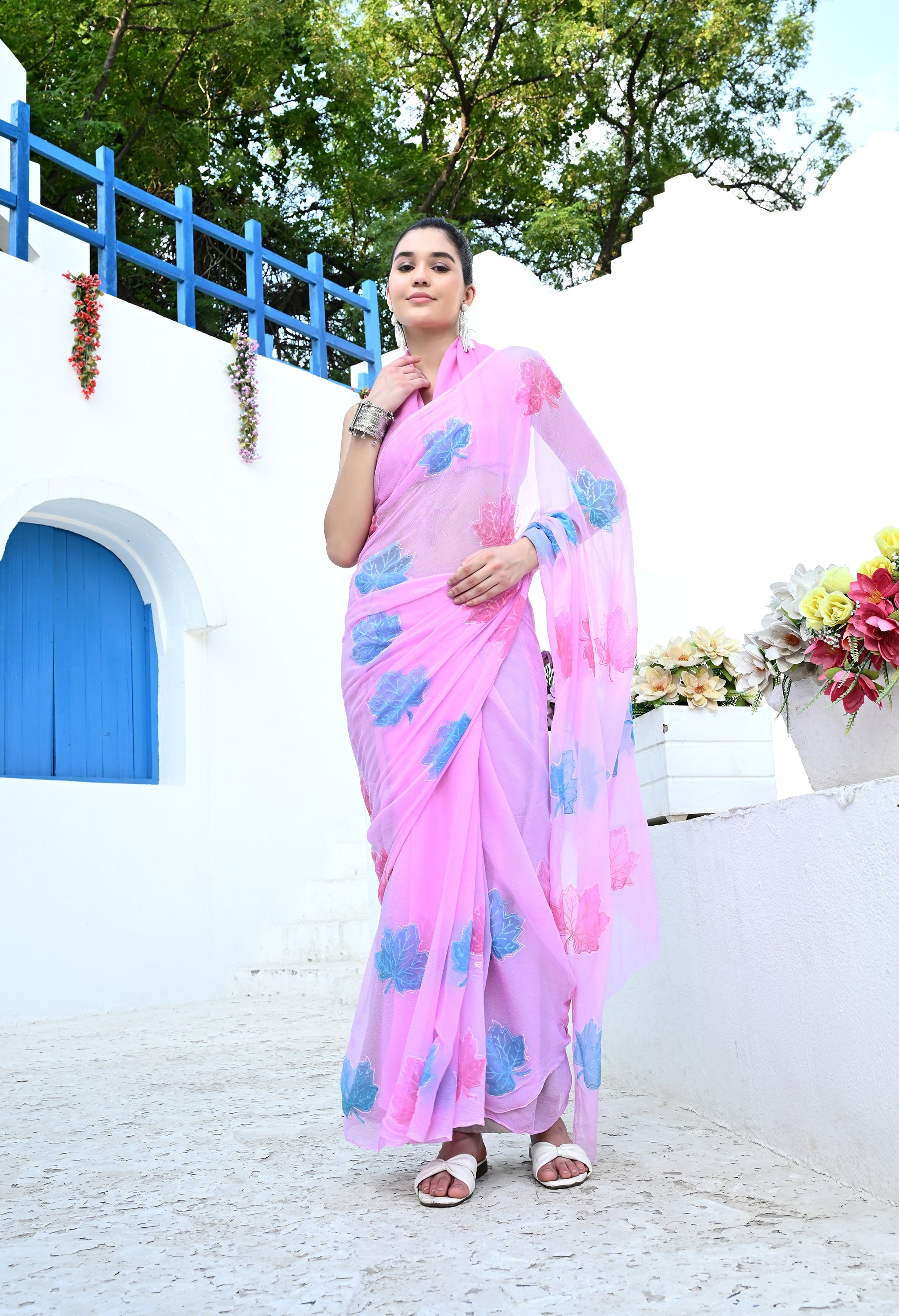 Rose Pink Chiffon Saree in Exquisite Jaipur Floral Pattern
