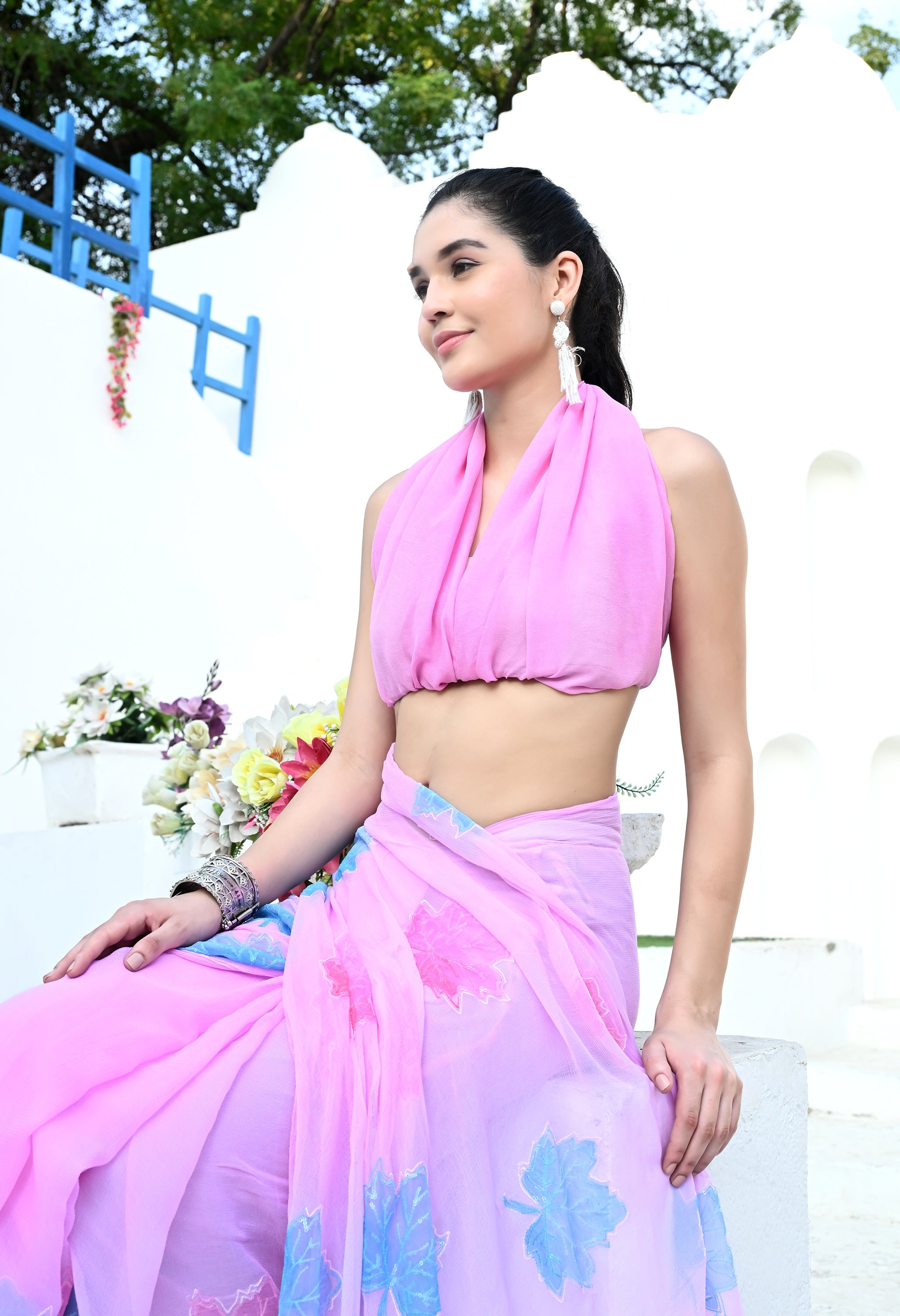 Rose Pink Chiffon Saree in Exquisite Jaipur Floral Pattern