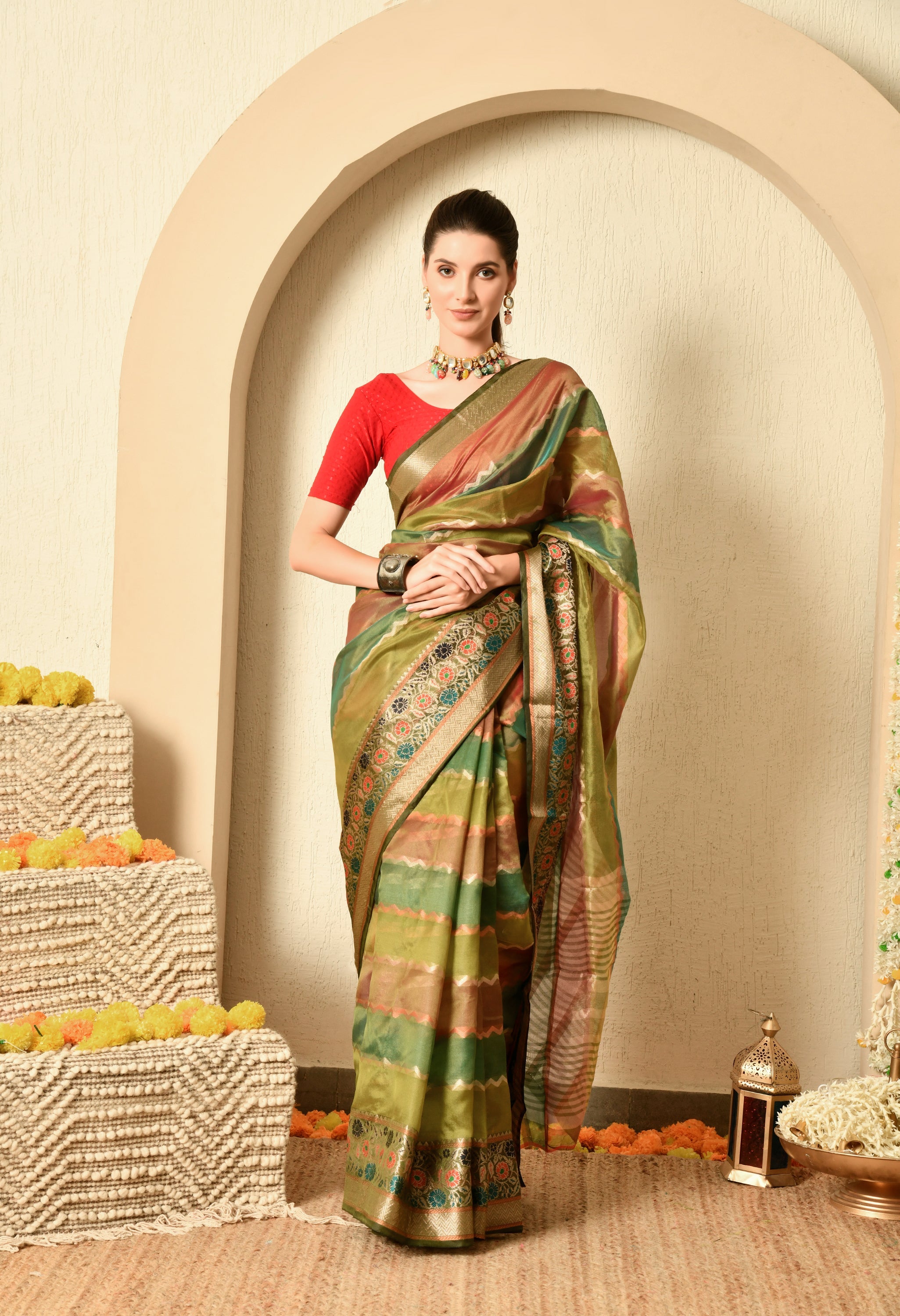 Shades of Green and Maroon Organza Saree
