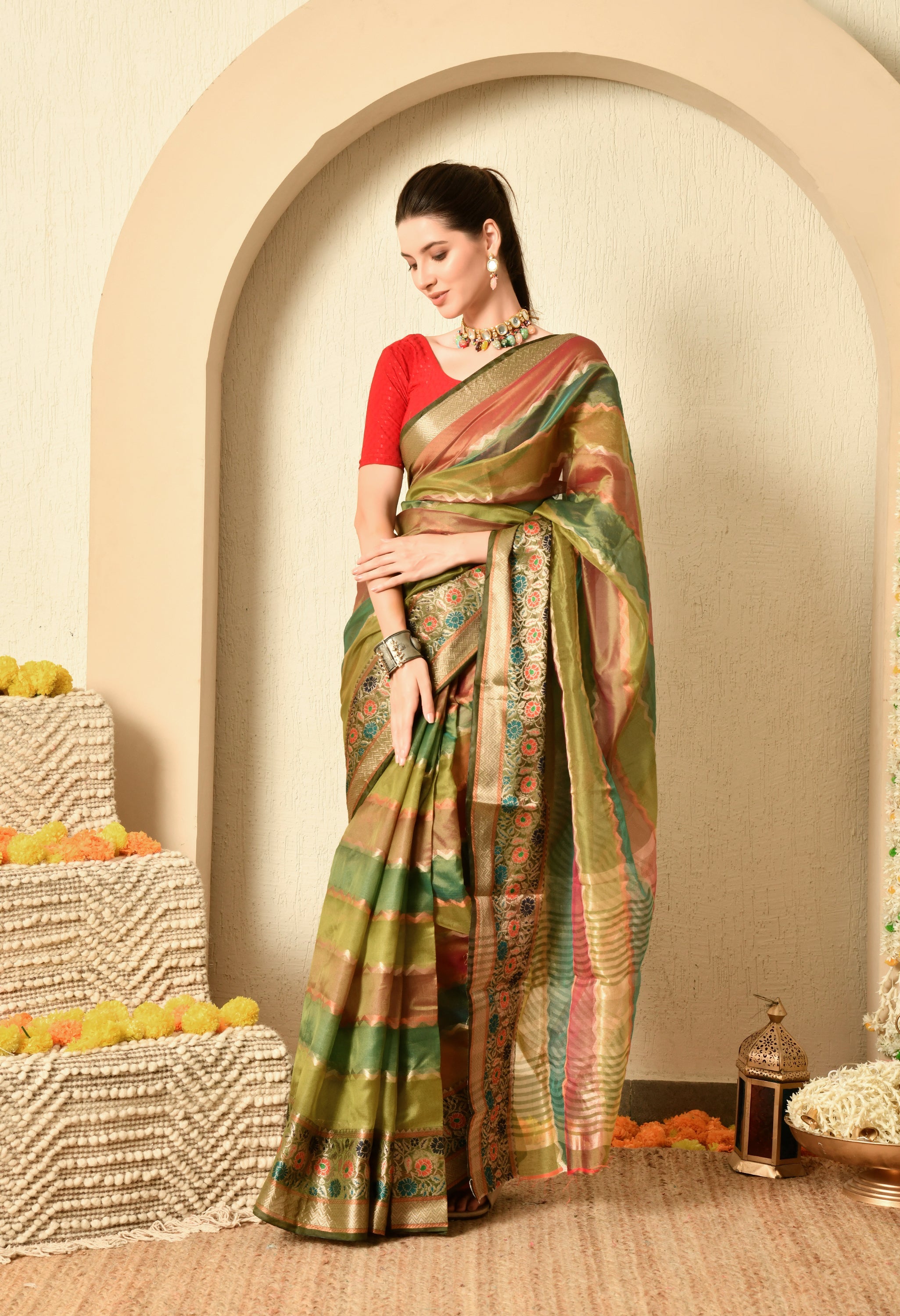 Shades of Green and Maroon Organza Saree