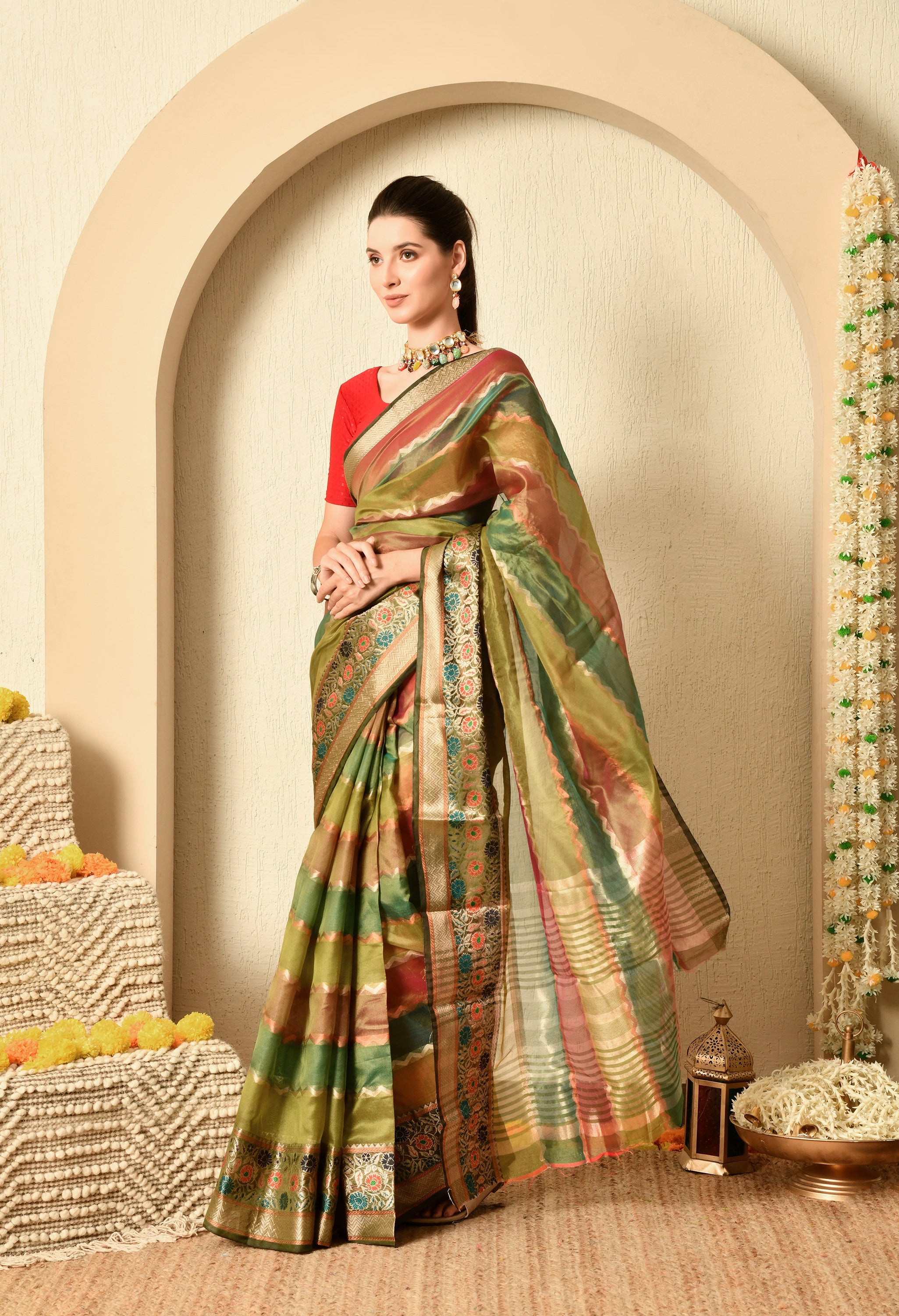 Shades of Green and Maroon Organza Saree