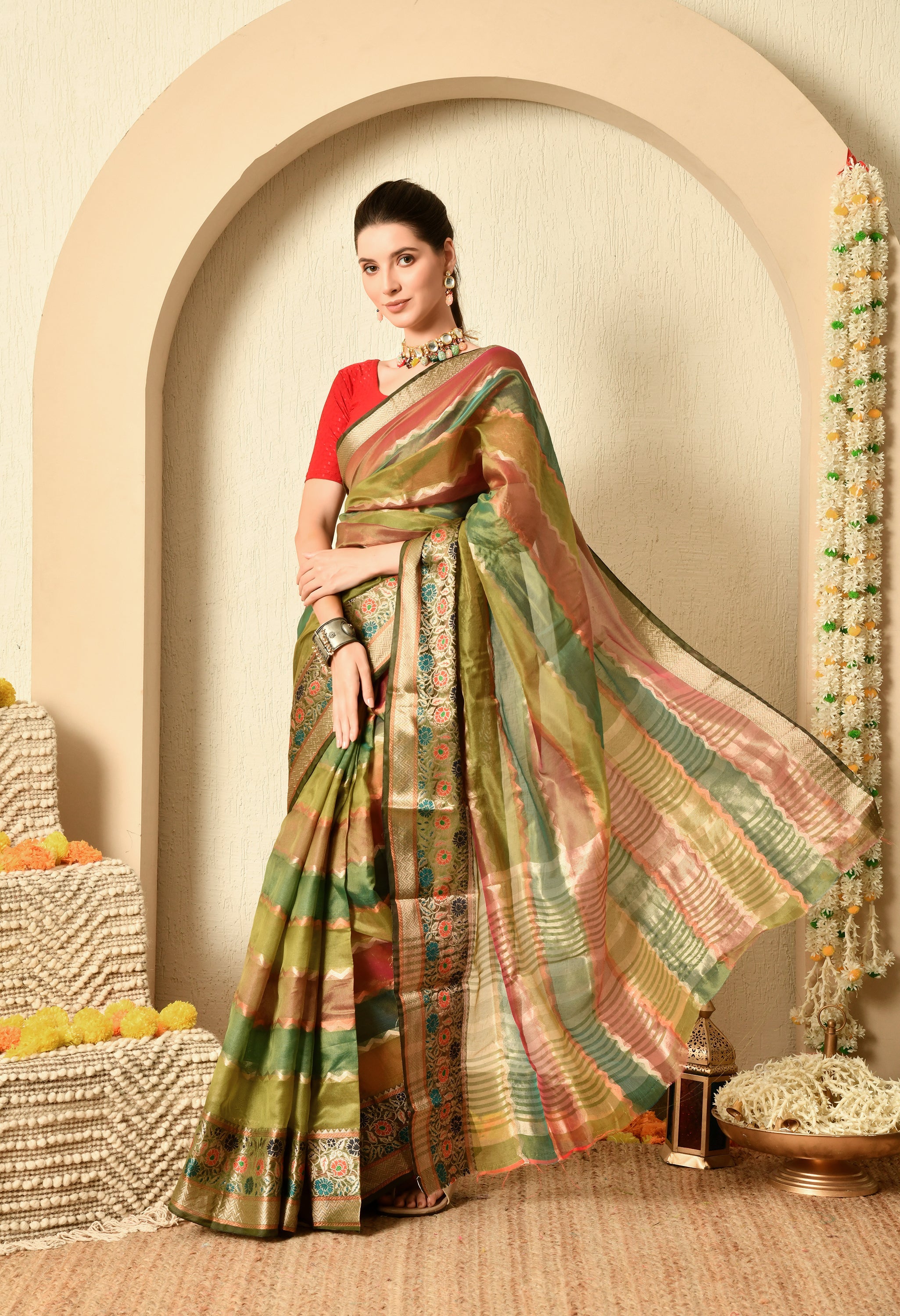Shades of Green and Maroon Organza Saree