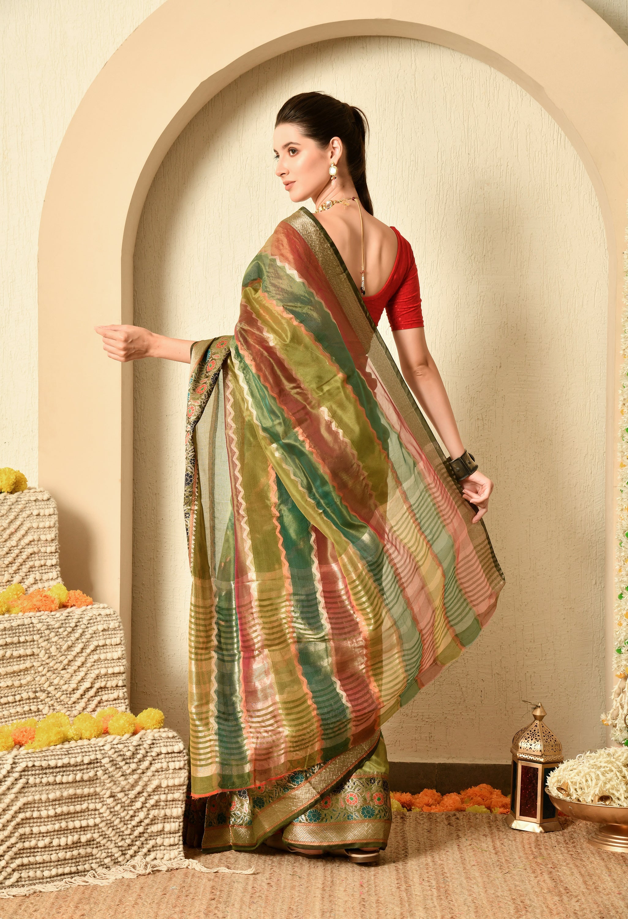 Shades of Green and Maroon Organza Saree