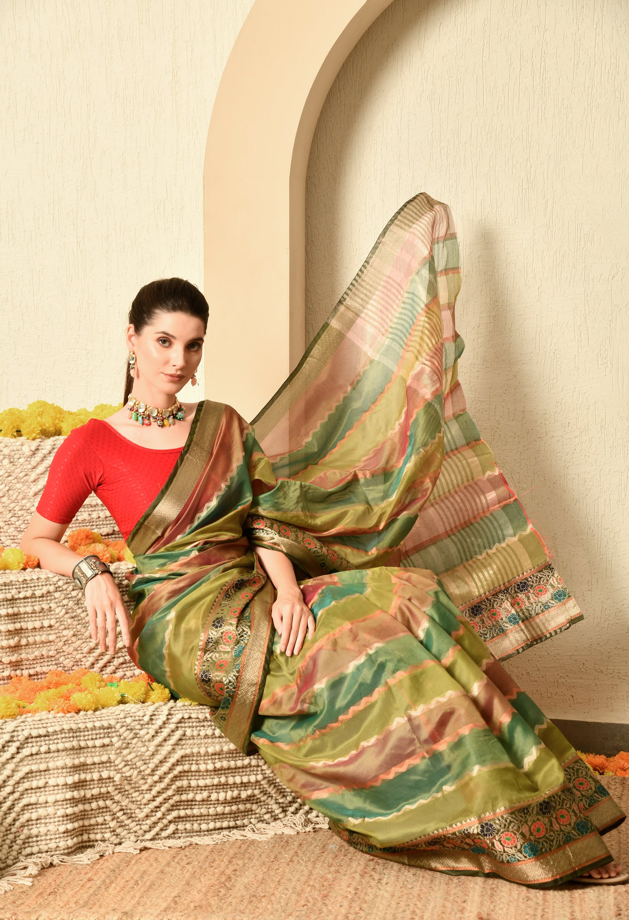 Shades of Green and Maroon Organza Saree