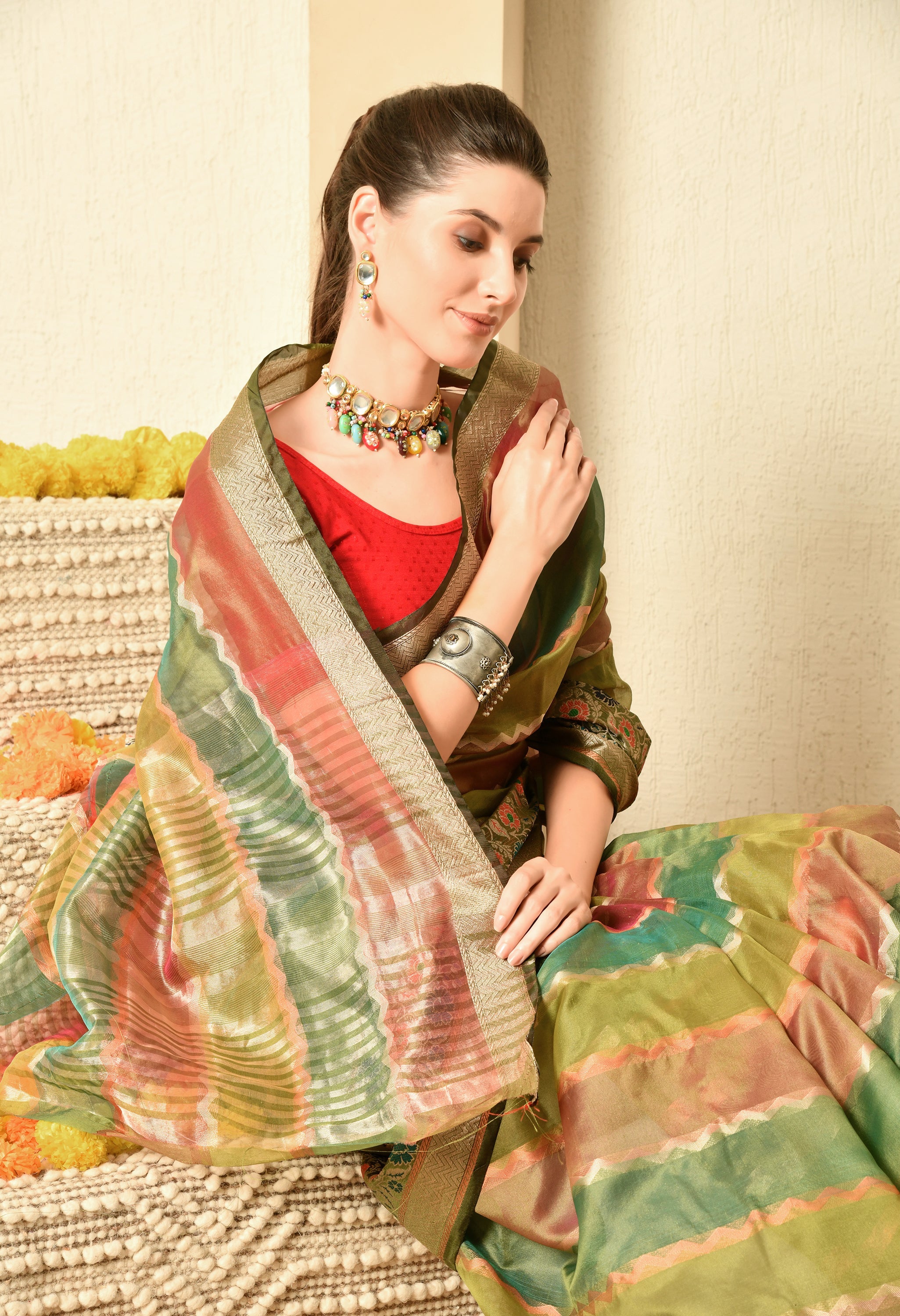 Shades of Green and Maroon Organza Saree