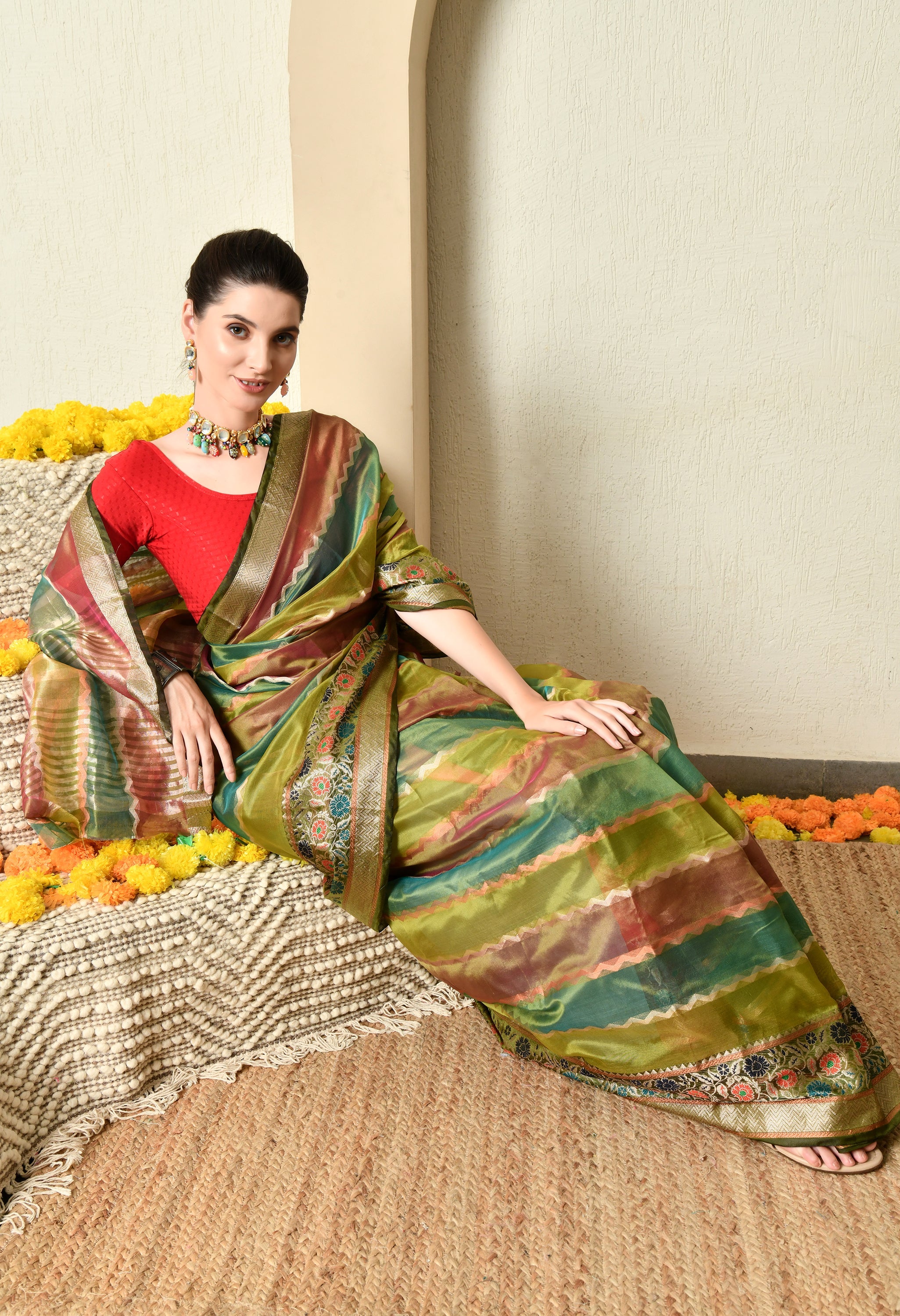 Shades of Green and Maroon Organza Saree