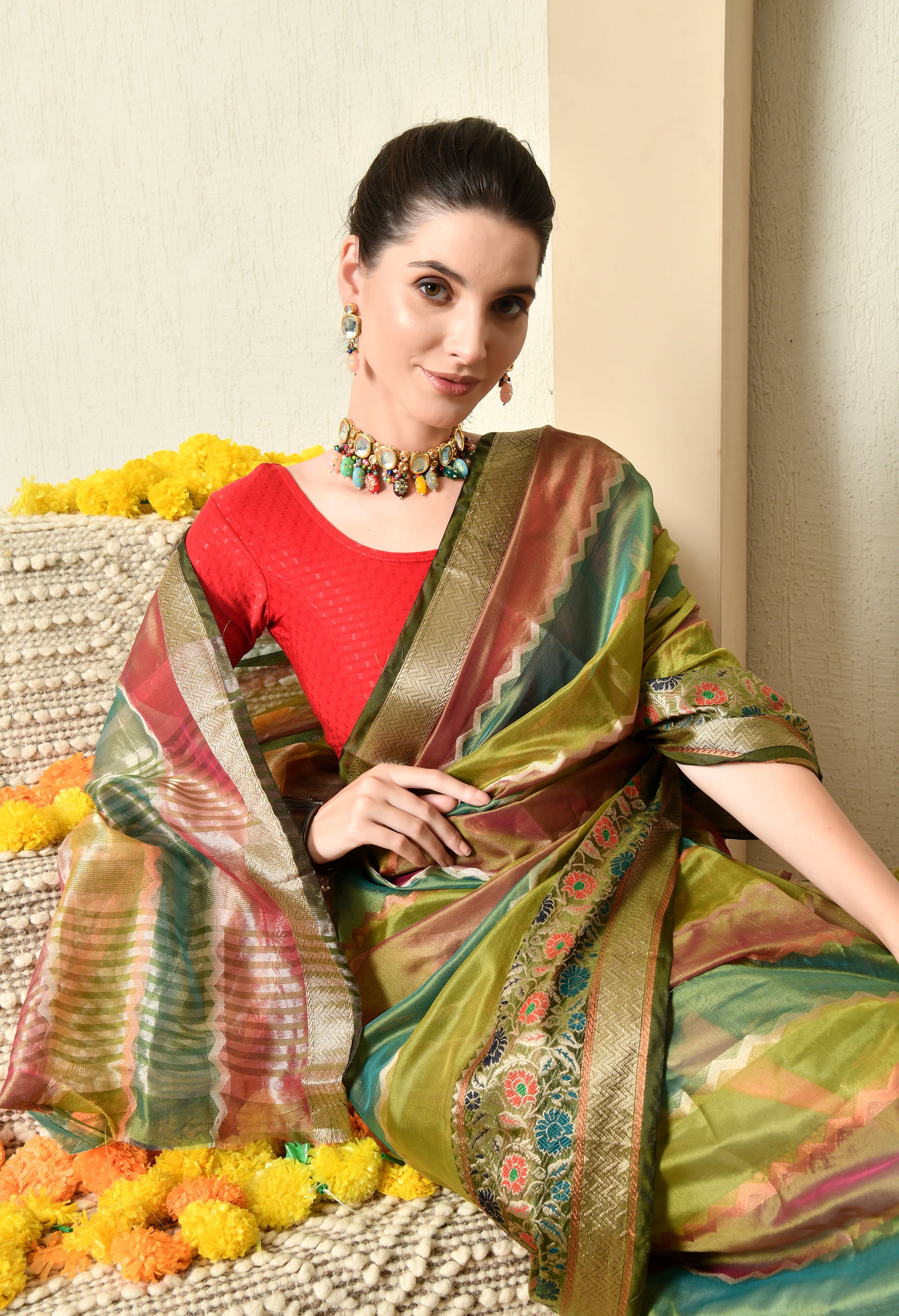 Shades of Green and Maroon Organza Saree