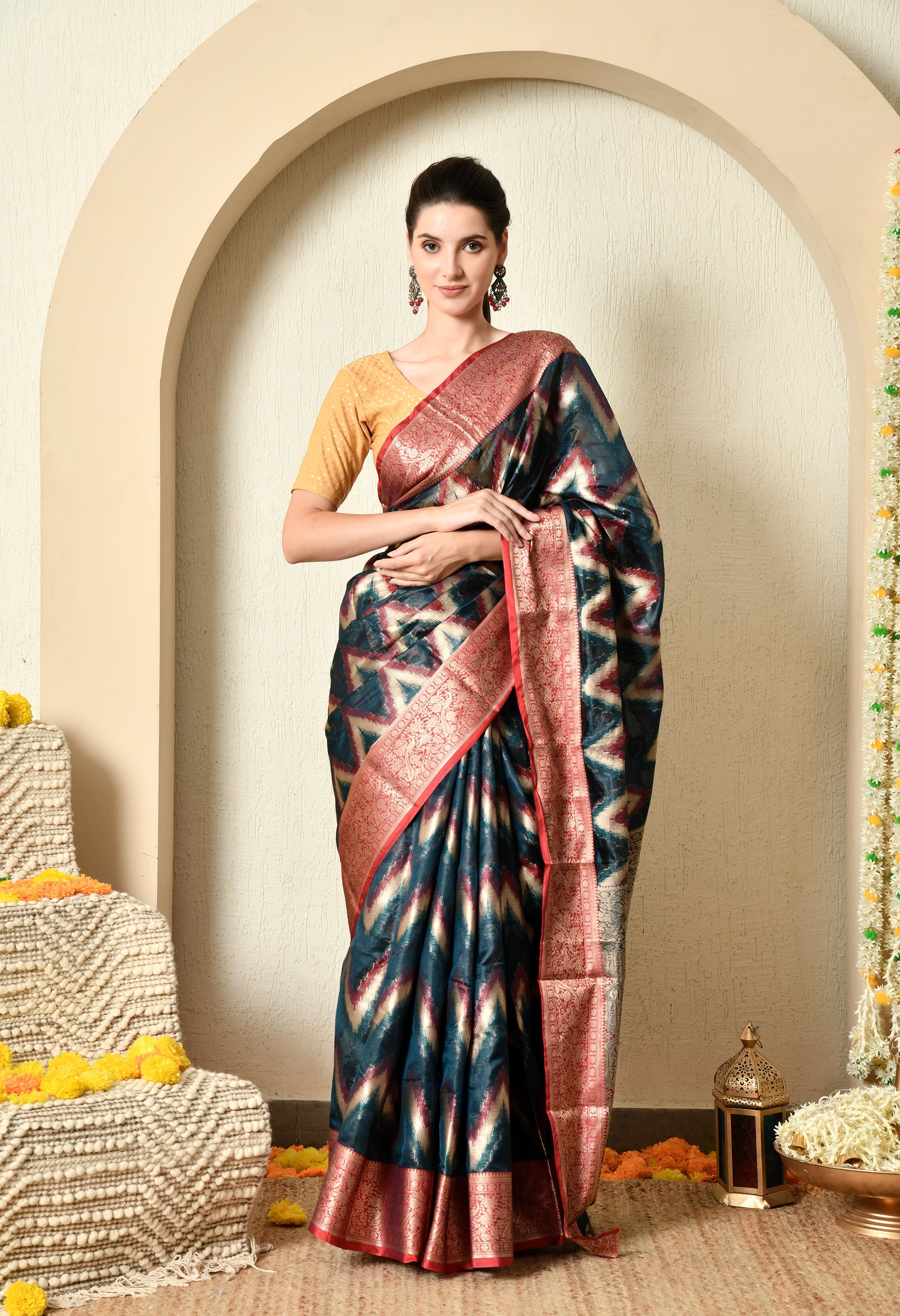 Teal Blue Organza Saree with Red & Gold Zari Border
