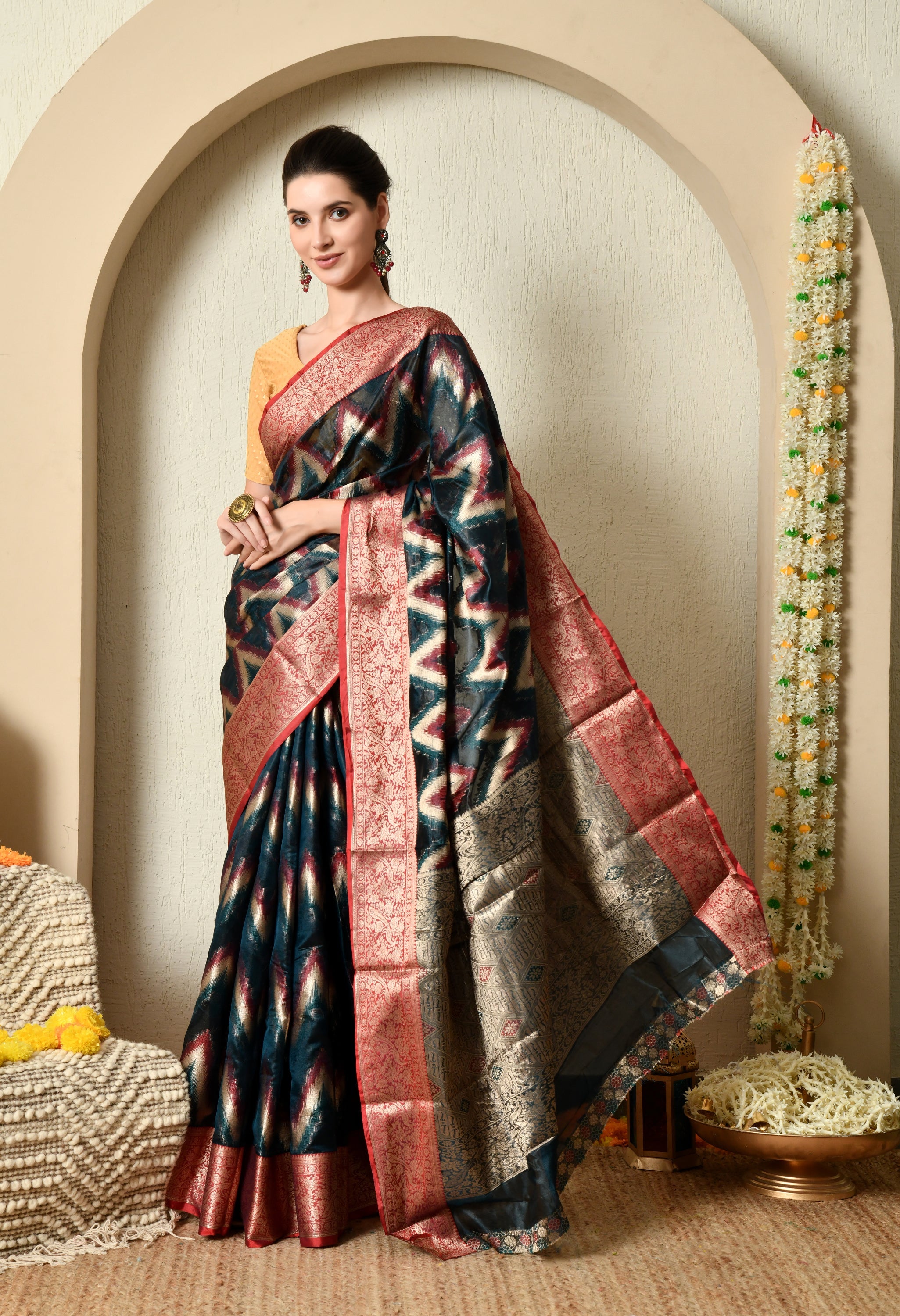Teal Blue Organza Saree with Red & Gold Zari Border