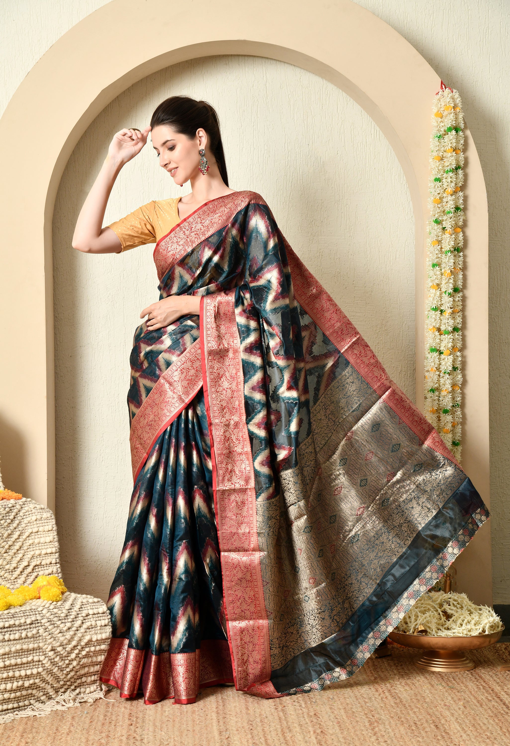 Teal Blue Organza Saree with Red & Gold Zari Border