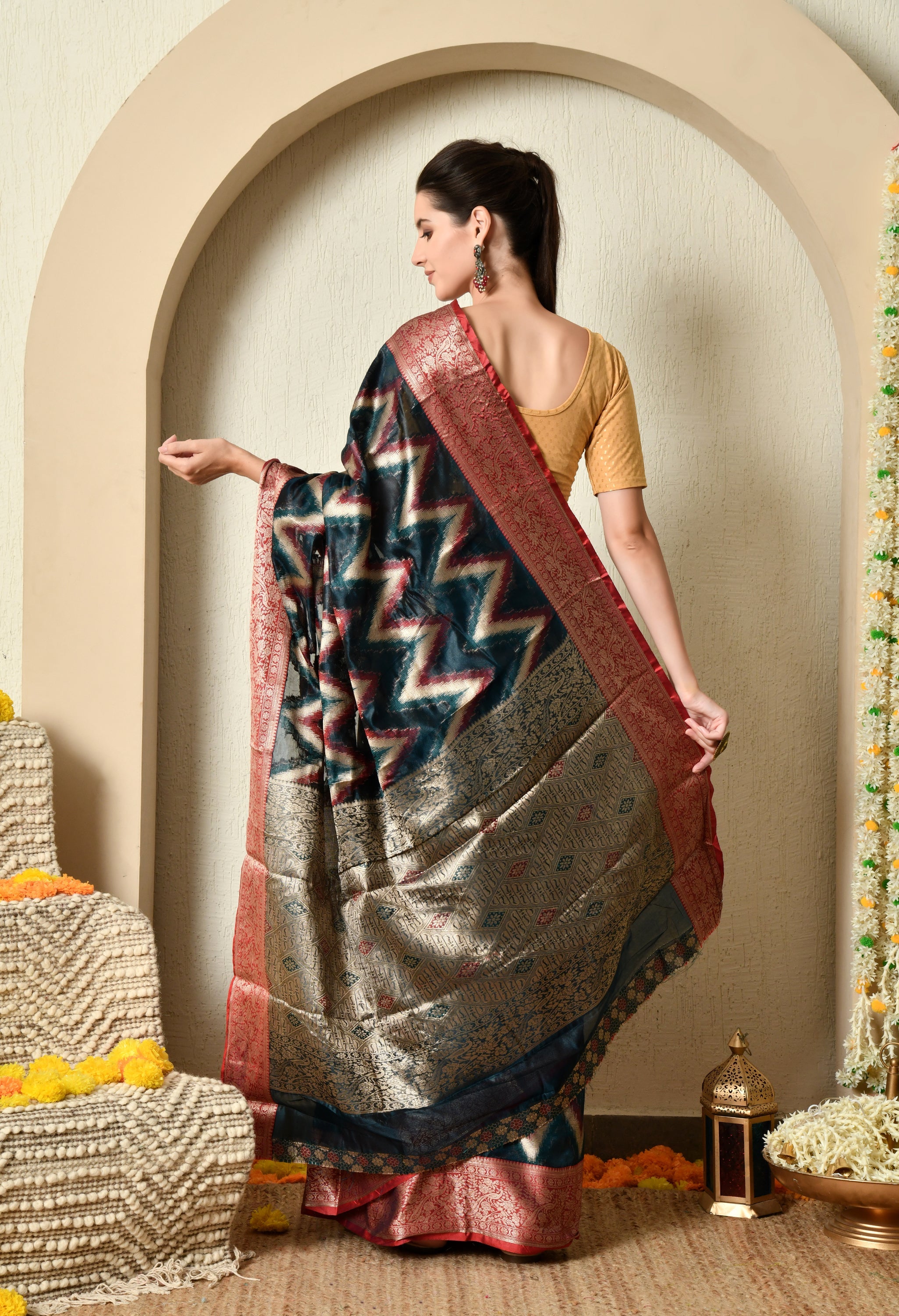 Teal Blue Organza Saree with Red & Gold Zari Border