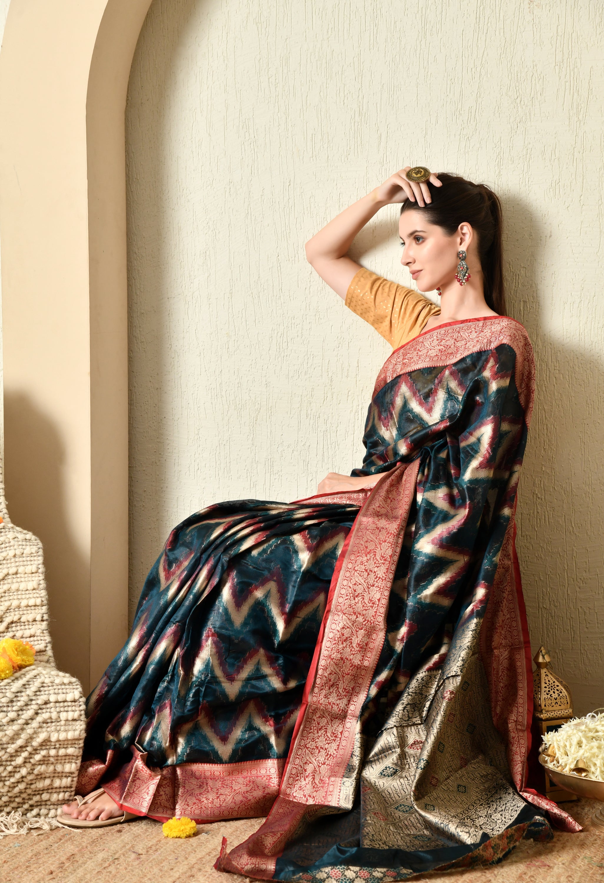 Teal Blue Organza Saree with Red & Gold Zari Border