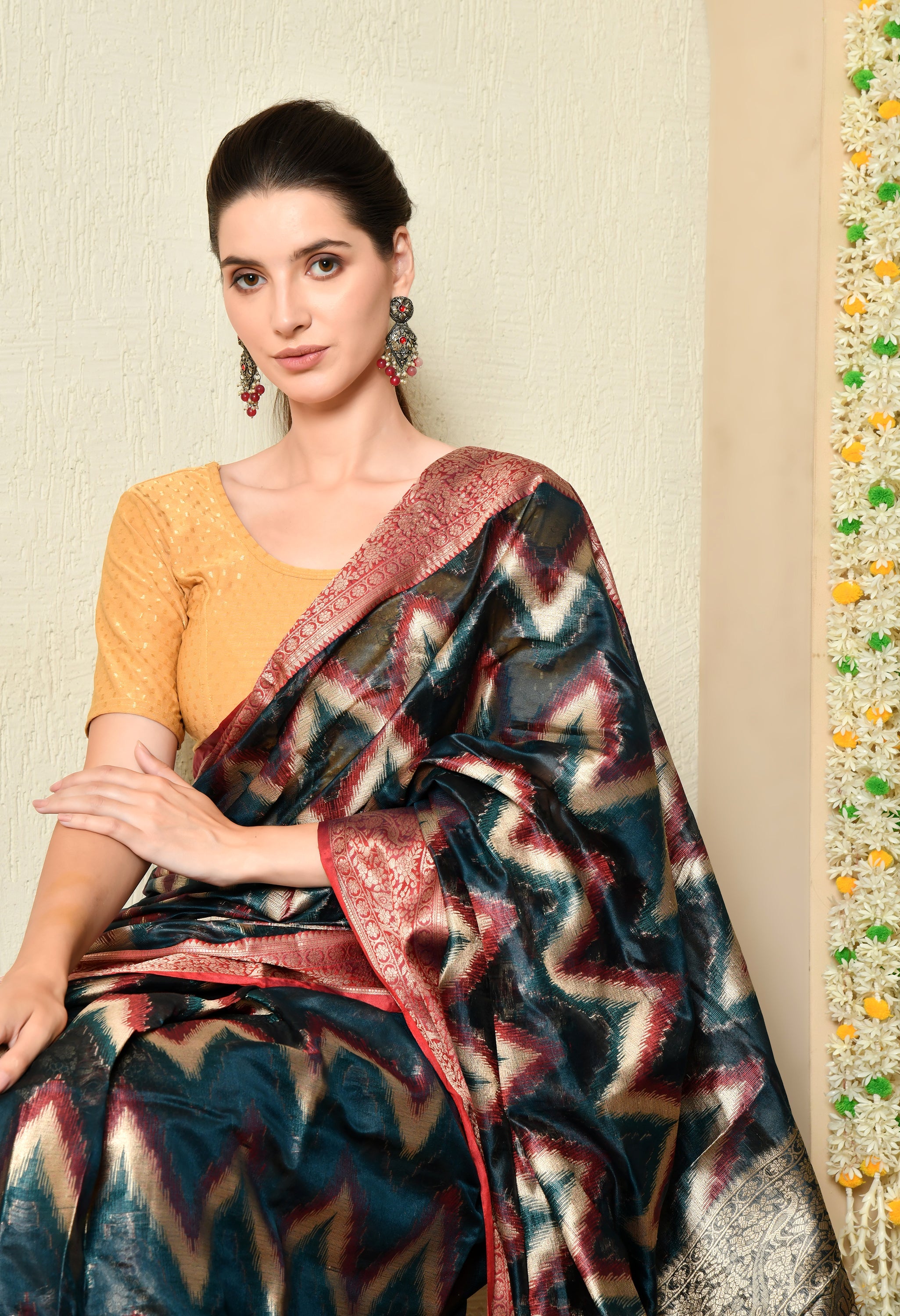 Teal Blue Organza Saree with Red & Gold Zari Border