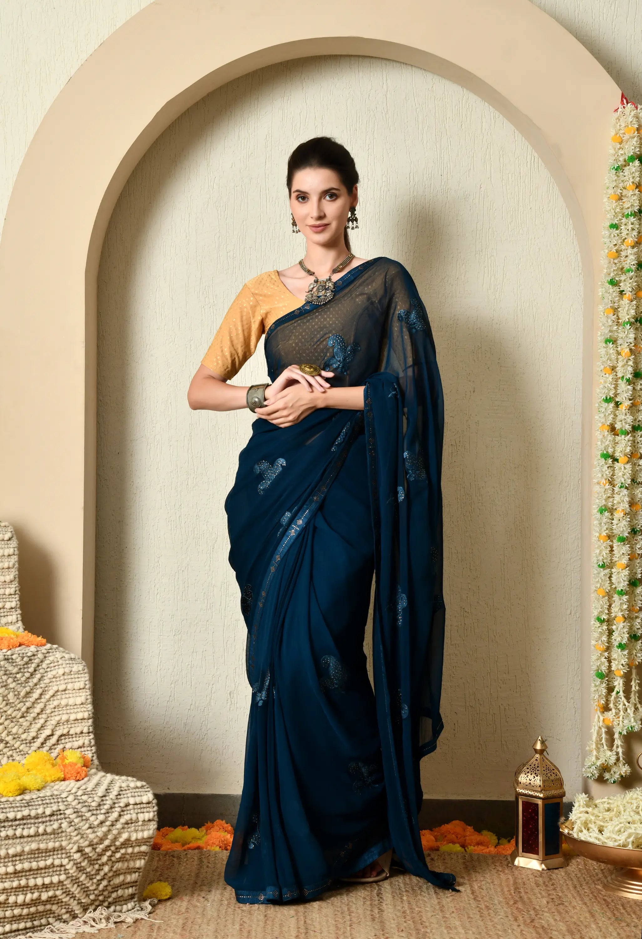 Sapphire Blue Chiffon Saree with Classy Embroidery