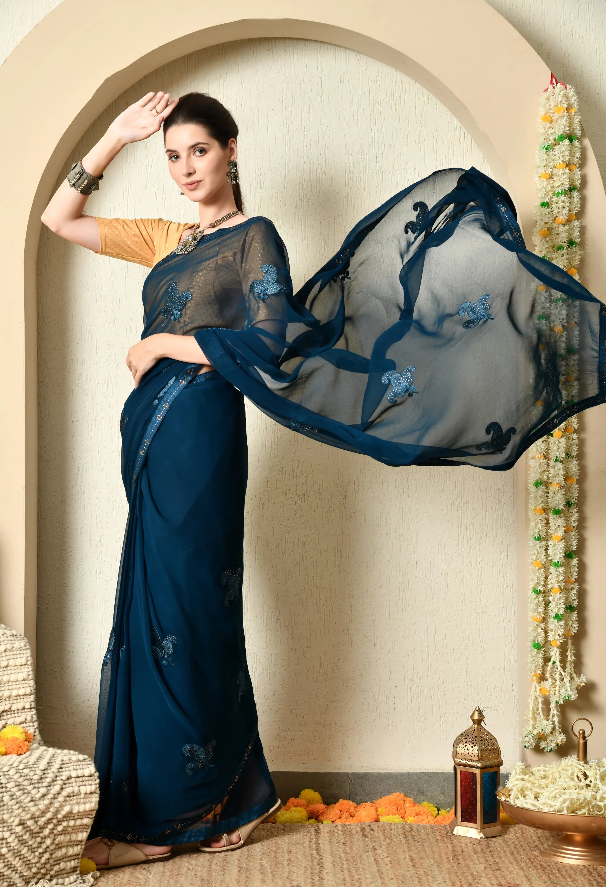Sapphire Blue Chiffon Saree with Classy Embroidery